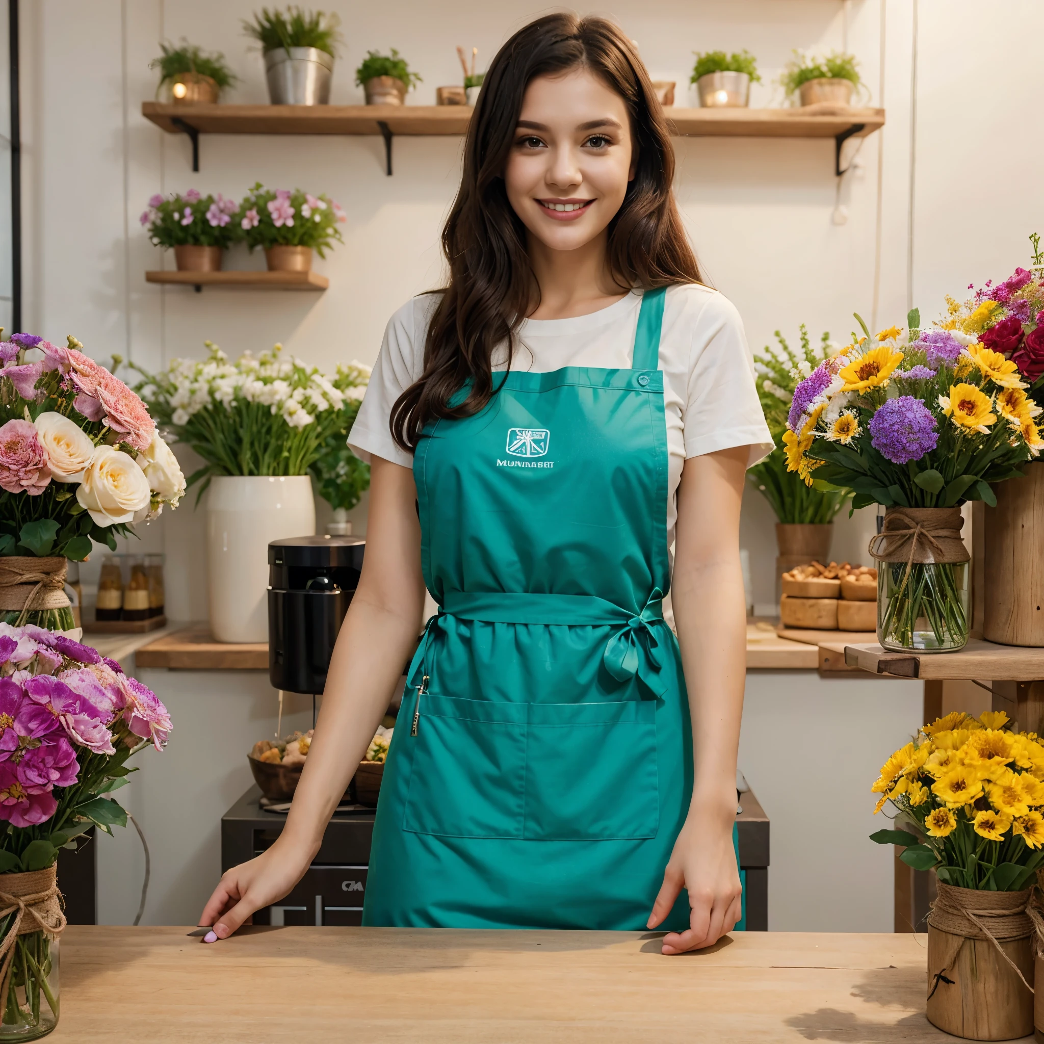 (masterpiece, best quality:1.2), 1 lady only, /(staff/) /(Dark green apron/), /(dark hair/) long curly hair, Blushing kind smile, (Masterpiece best quality:1.2) Exquisite illustrations and super detailed, C Cup /(flower shop/)