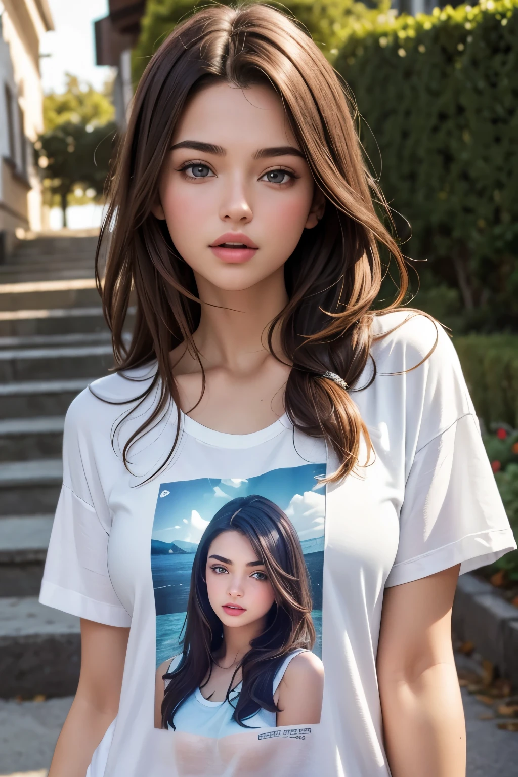 Realistic portrayal of a 19-year-old brunette in a casual selfie moment, Masterpiece, Best Quality, Natural lighting, High contrast, (photorealistic:1.4), Detailed 8k resolution, one hand holding a smartphone, T-shirt visible without a bra, expressed playfulness with a closed eye and tongue out, (upper body) focus, bringing out the textures and intricacies of every detail. (creative:1.3), Sy3, SMM.