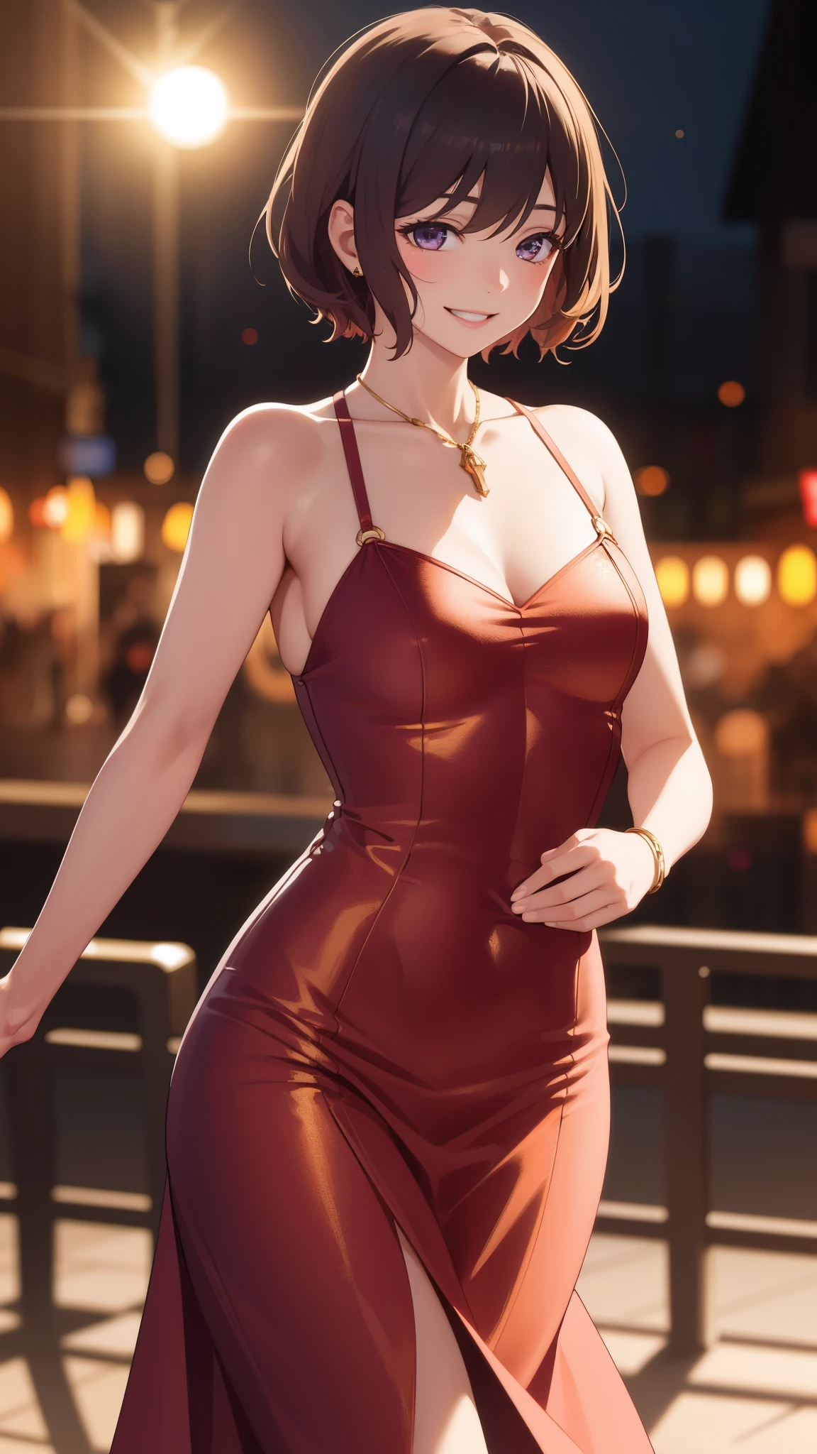 elegant, realistic, Golden hour lighting, midi dress, (idol), (Charming: 1), (purple short hair: 0.8), ((Puffy eyes)), Facing forward, Smiling, Laughing,Middle chest, 