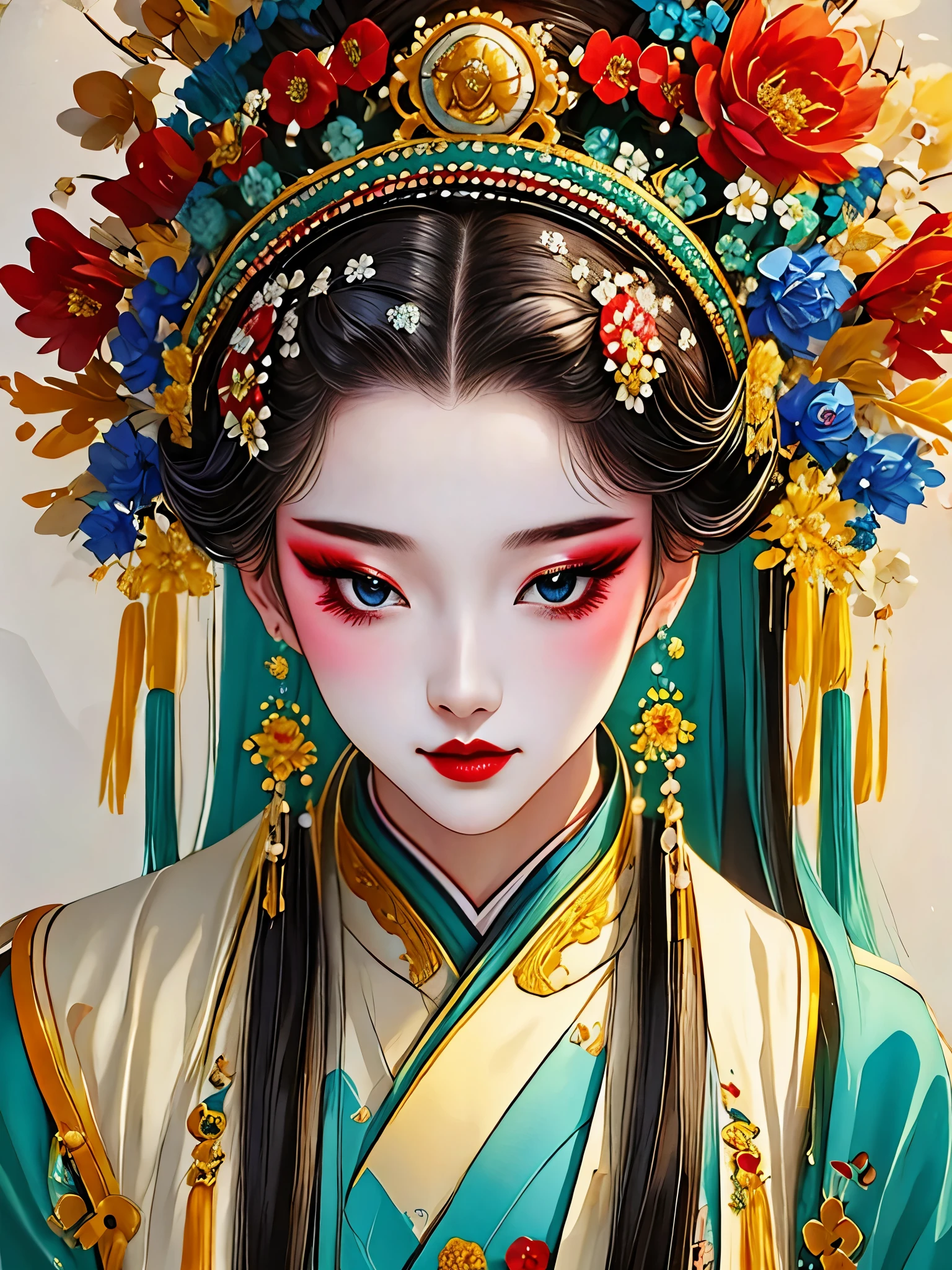 (masterpiece, best quality:1.2),1 girl,beautiful，portrait，Look at the camera，landscape on hair，landscape，Hanfu，Skin details， alone，Chinese Peking Opera，gorgeous costumes，Exquisite headdress，flower headdress，tassel，pearl，clean background，blue，red，green