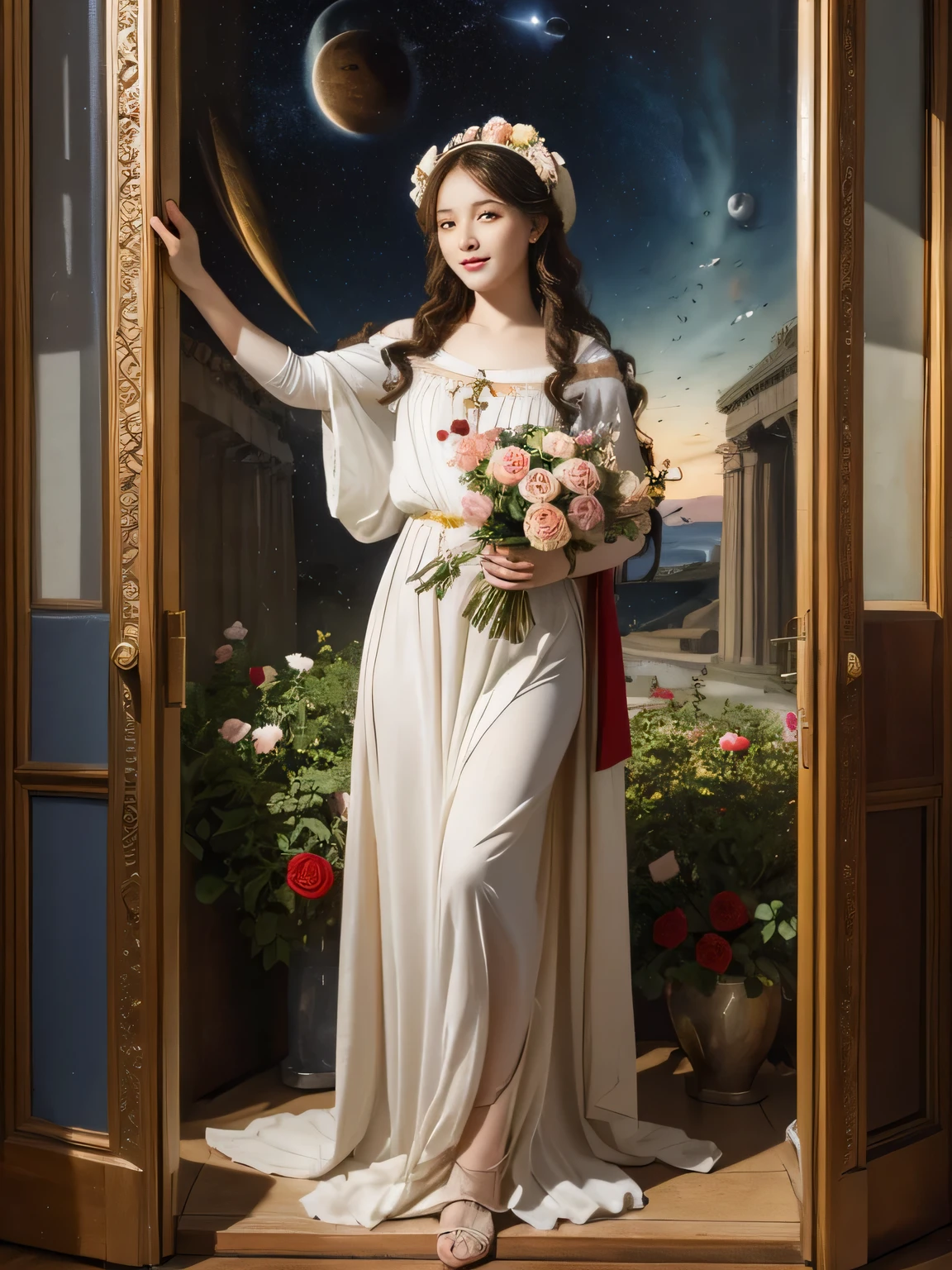 full body portrait or statue、Stained glass、Vigée Leblanc style、math、astronomical machine、astronaut、roses in vase、fruits、Cute trinkets、smile、ancient greek costume、Sandro Botticelli paintings、Costume that stretches your body
