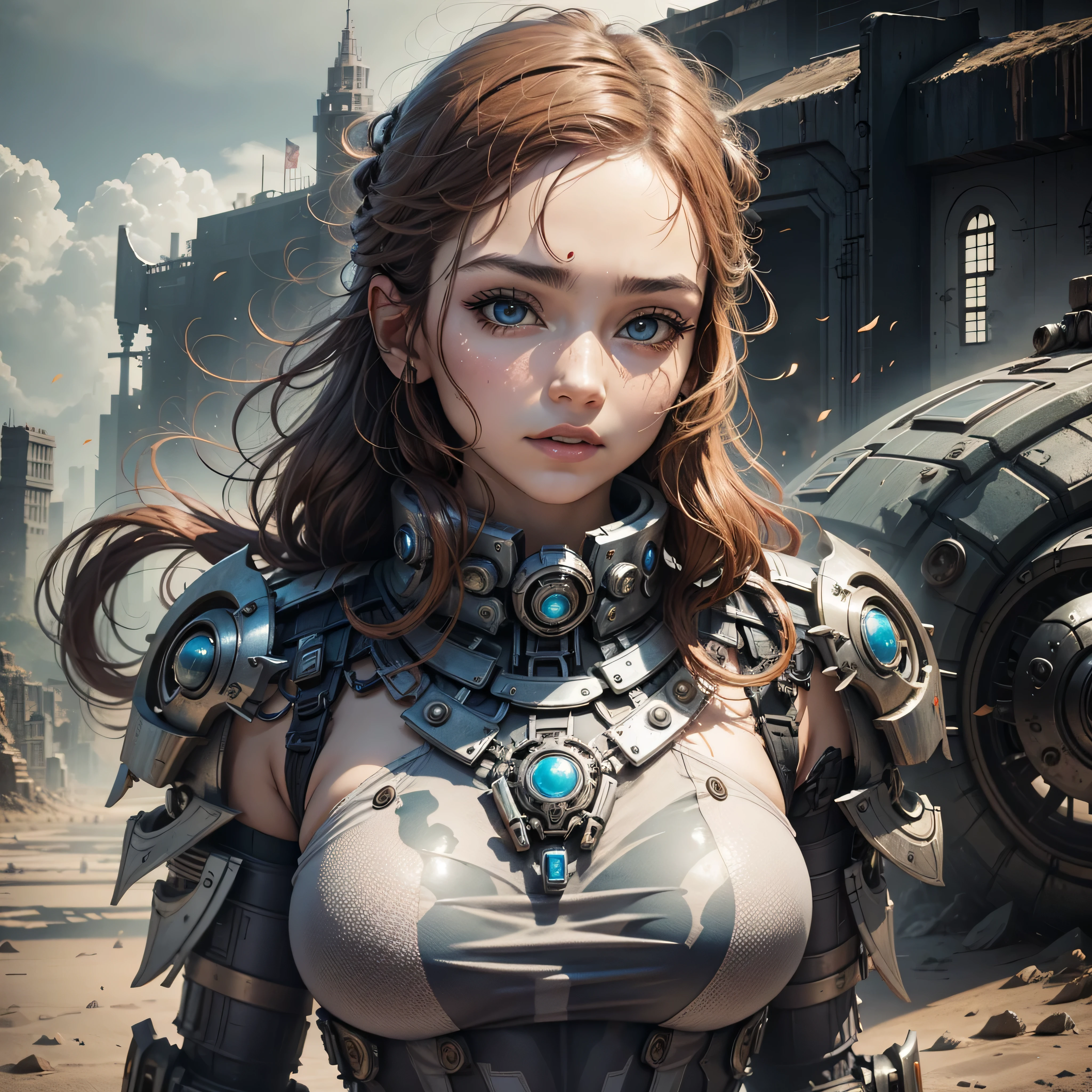 Linda mulher, corpo inteiro voluptuoso, vestindo armadura estilo master chef, doom, warhammer 40.000 lindo e decotado, corpo escultural, usando mecha de metal desgastado, vermelho e branco, campo de batalha, alien planet, rochas enormes, alien structures destroyed by battle,