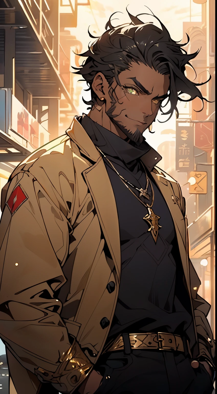 (male:1.5), muscle, 1boy, big muscle, pectoral, big pectoral, muscular, Mature man,45 year old man,adult,1 man, old macho man,perfect body,an extremely delicate and beautiful detailed face, (((pale gold eyes:1.3))),intricate eyes,beautiful detailed eyes,symmetrical eyes,short dread hair,modern very short black dread hair,(((black very short beard, black very short beard))),very short hair,perfect face, nice beard style,(perfect hands, five fingers),heavy silver armor gloves, Fingerless gloves, perfect proportions, ((detailed face, soft smile closed mouth)), impressive gaze, "standing still but ready to engage opponent semi profile pose", artwork in the style of guweiz,shot by Alex Maleev & Robert Capa (((dark skin:1.6))),black skin:1.3,dark skin:1.3,ebony soft skin, smile,expressive eyes, impressive stance, 1hand in pant pocket as a macho, looking (gazing) at viewer (ultra-detailed:1.6), beautiful detailed glow, finely detailed, ultra-detailed, real african,black race,african traits,african race,elegant, (open coat, fashion, jeans,white shirt, masculine features, modern style,minimal cyber silver gear clothes),(((dark yellow coat, dark yellow coat outfit, wearing a dark yellow coat:1.1,manga style dark coat))),(traditionnal simple shiny and sparkling gold and jade necklace jewelry,intricate indigo necklace, sparkling sparkling sparkling gold),((bulge in pants)),(((intricate outfit,intricate clothes,simple outfit))),(dynamic pose:1.0),embarrassed,(centered,scale to fit dimensions,Rule of thirds),((snowy at night)),with dark stormy clouds,winter,scenery:1.25,((tanned skin male character, nuance black short simple style dread hair, souls:0.5, lignhening:0.2,sharp focus,(ultra detailed,extremely detailed),(photorealistic artwork:1.37),(extremely detailed CG unity 8k wallpaper),(((vibrant colors,vibrant theme))),(intricate),(masterpiece),(best quality)