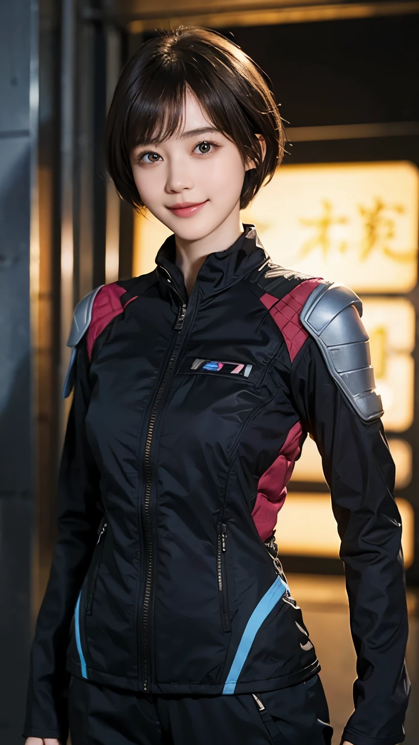 162
Shorthair,  (a 20 yo woman, standing), A hyper-realistic, gentle smile, sci-fi cool suit, (口紅)
