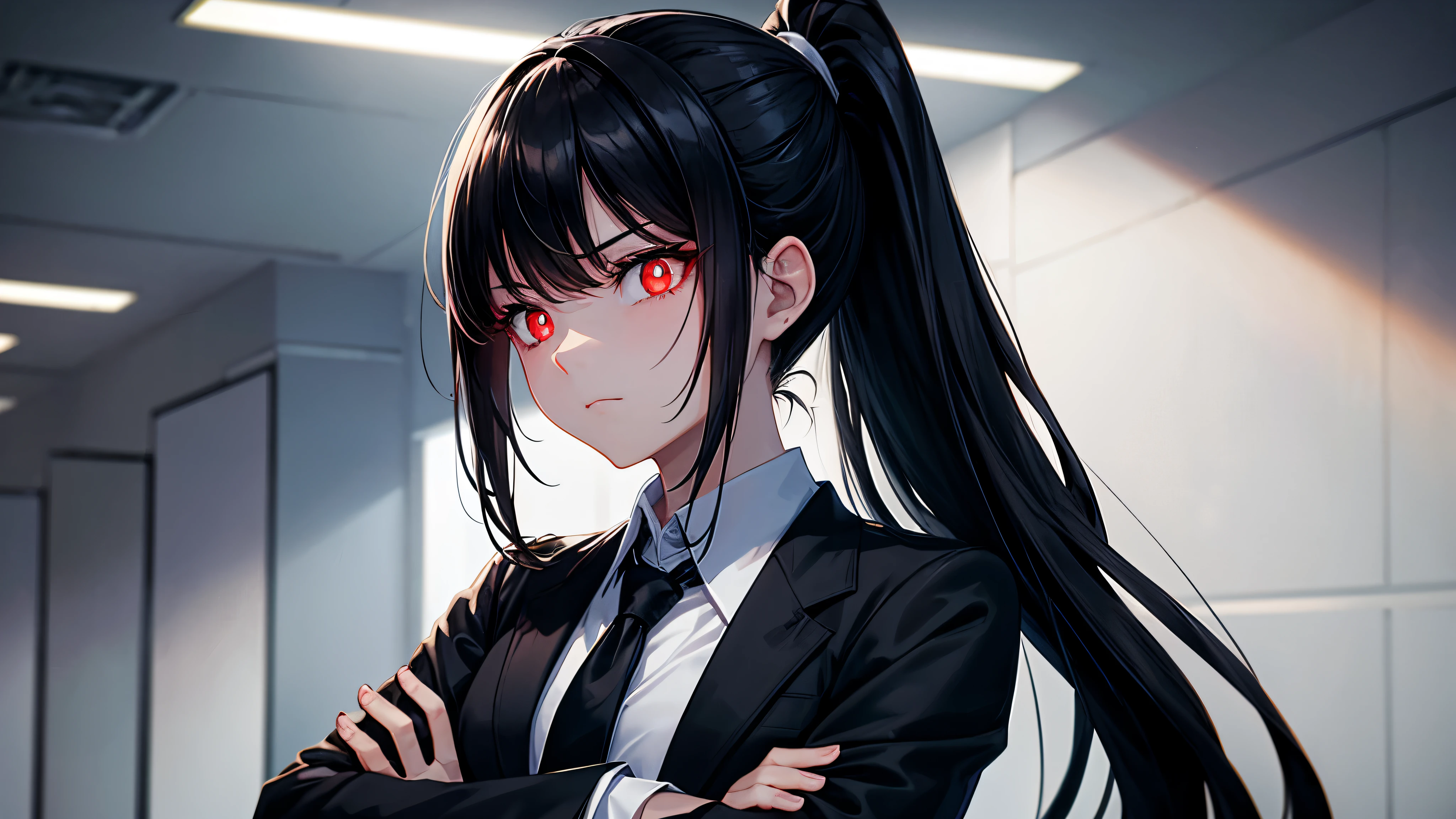 solo, 1girl, expressionless, closed mouth, crossed arms, long black hair, ponytail, sidelocks, red eyes, glowing eyes, bright pupils, black suit, white collared shirt, necktie, black pants, office space, office interior, light shaft, light rays, cowboy shot
