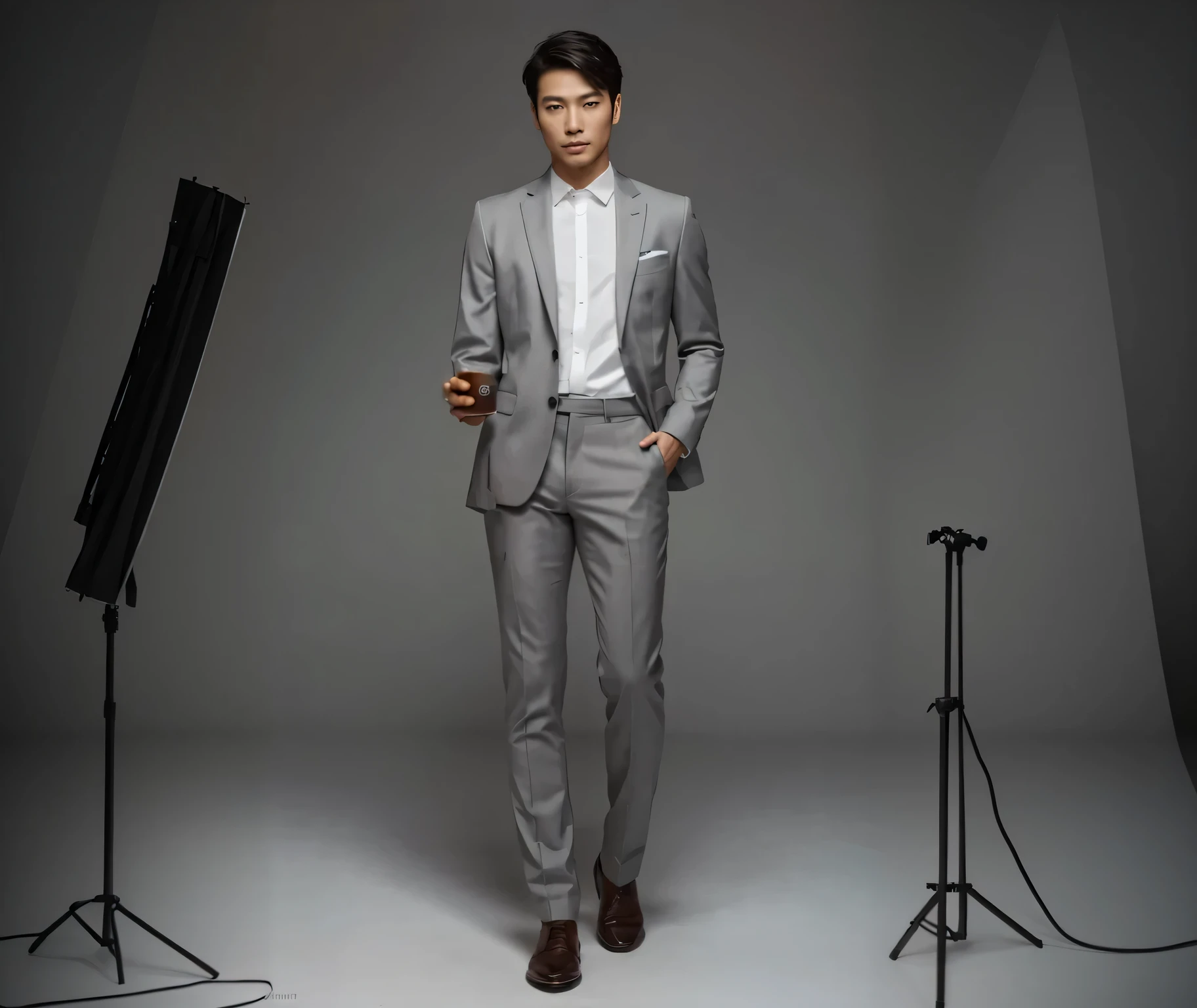 photography studio, gray backdrop with lighting props and camera equipment