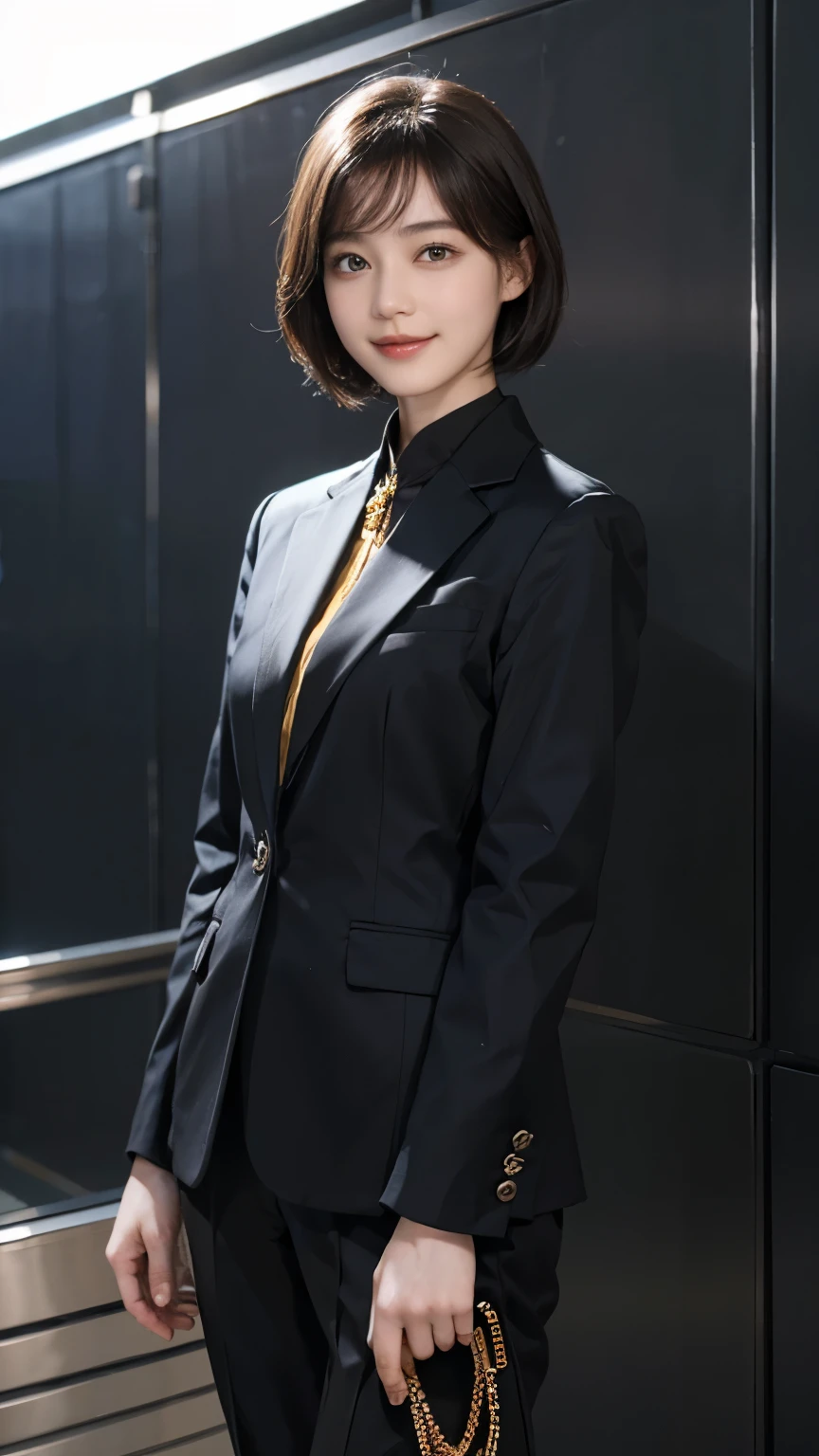 162
Shorthair, (a 20 yo woman, standing), A hyper-realistic, gentle smile, sci-fi cool suit, (口紅)