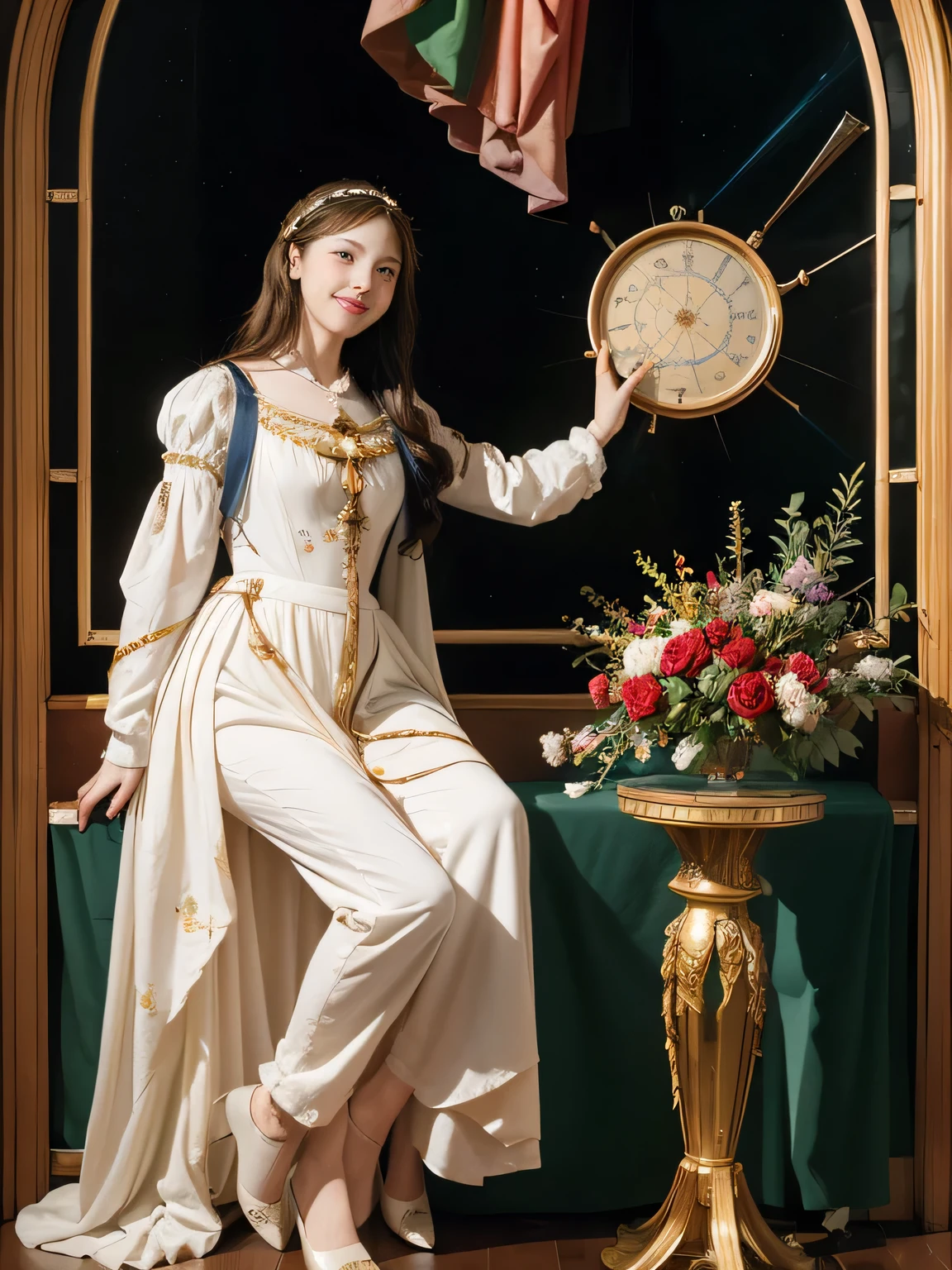 full body portrait or statue、Stained glass、Vigée Leblanc style、math、astronomical machine、astronaut、roses in vase、fruits、Cute trinkets、smile、ancient greek costume、Sandro Botticelli paintings、Costume that stretches your body
