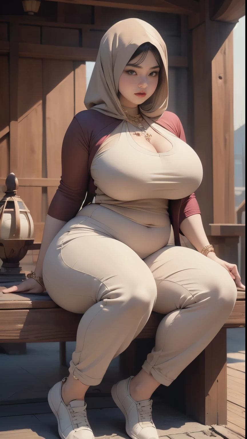((best quality)), ((masterpiece)), (detailed), perfect face, araffe woman thick and thight long pants posing for a picture, curvy model,, curvy hourglass figure, sexy longest hand t-shirt, thicc, beautiful full body shot, soft curvy shape, in a longest hand t-shirt, a beautiful woman open legs , bbwchan, , armpits, there is a old woman posing in a dark room with a maroon burka clothes , 43 years old, thick body, beautiful thick female, wide hips, thick legs, she has a jiggly fat round belly, thick thighs, curvy hourglass figure, thicc, curvy model, widest hips, hyperrealistic full figure, bbwchan, voluptuous body, thick, tattooed body, tattooed hands, hena on arm, hena in belly, Burka girl, muslim clothes, 43 years old woman. Burka chubby woman, chubby cheeks, wearing a sneakers, bob hairstyle, thick neck, short neck, there is a woman random pose red-brown hijab, bbwchan, thicc, brown hijab outfit, brown hijab fashion model, korean girl, korean woman, wearing brown robe, full length shot, alluring plus sized model, japanese goddess, clothed in hooded, voluptuous and arousing, portrait shot, curvy model, voluptuous body, wonderful, nene tanaka body , bbwchan, The overall atmosphere is smooth , haunting illustrations, extremely high-resolution details, photographic, realism pushed to extreme, fine texture, 4k, ultra-detailed, high quality, high contrast, red sneakers , cold atmosphere ,, 8k resolution , ultra-detailed resolution , wearing long thight pants, random pose with full body , full body, diamond necklace , wearing a watch , thick arm, thick cheeks , wearing a gold Bracelet
