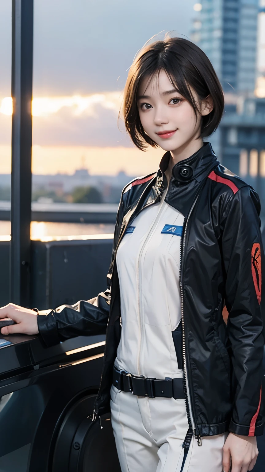 162
Shorthair, (a 20 yo woman, standing), A hyper-realistic, gentle smile, sci-fi cool suit, (口紅)