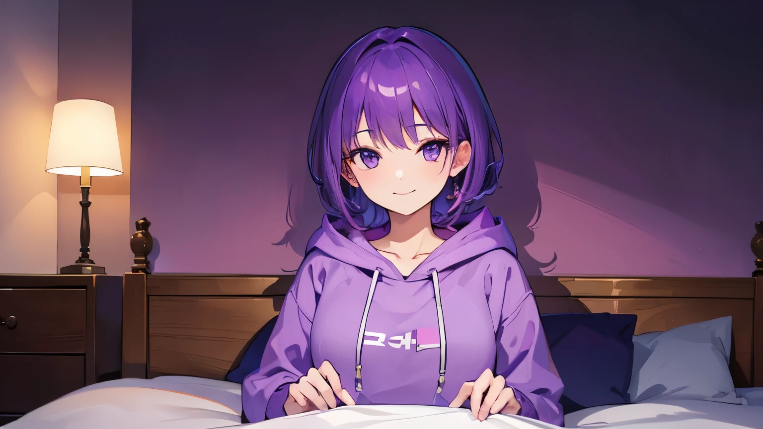 (T Masterpiece，4k wallpaper，best quality))、((girl１people))、(solo)、Shining and vivid，(purple hair)、(shortcut:1.3)、smile、Bedroom、night、hoodie