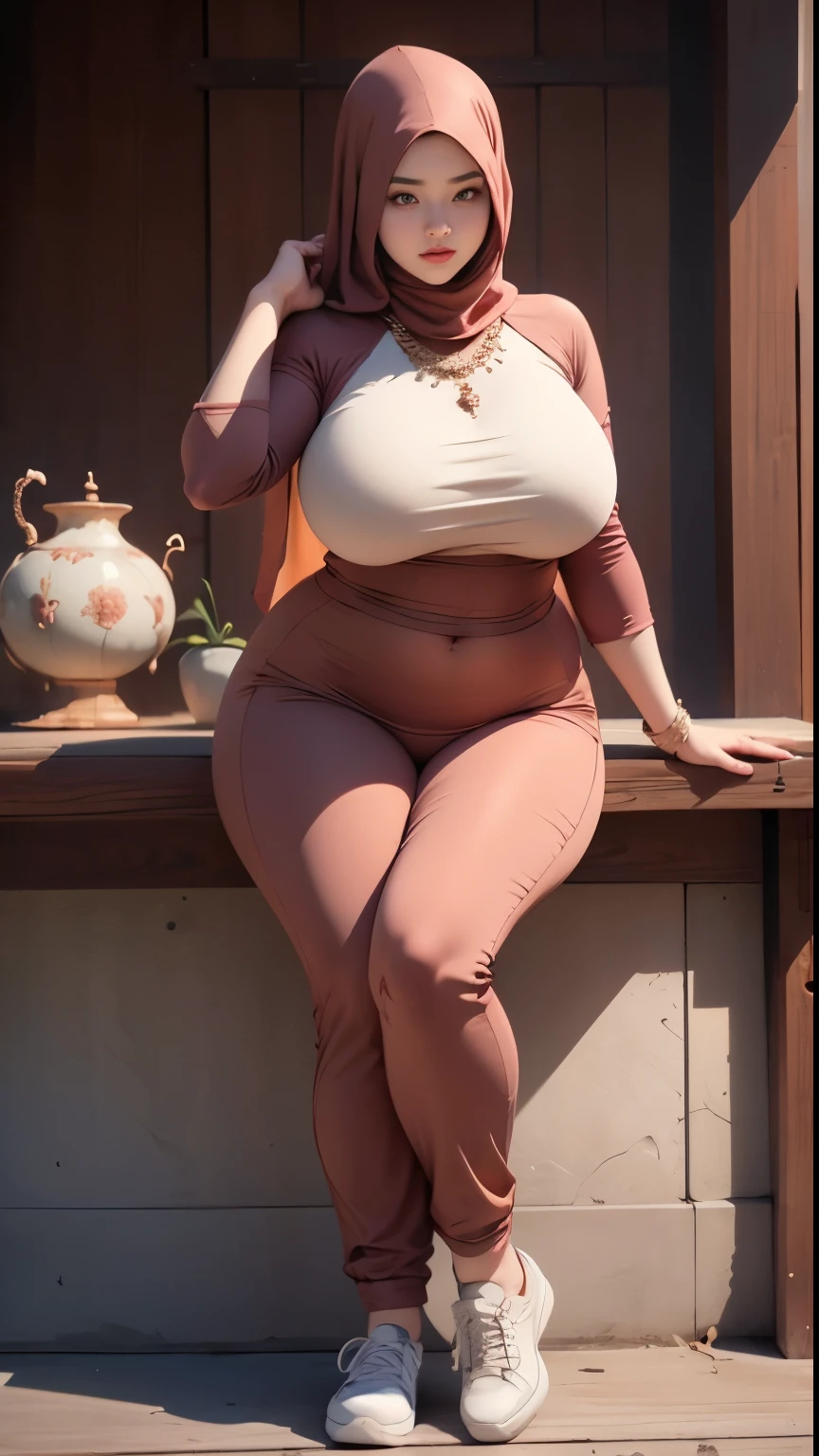 ((best quality)), ((masterpiece)), (detailed), perfect face, araffe woman thick and thight long pants posing for a picture, curvy model,, curvy hourglass figure, sexy longest hand t-shirt, thicc, beautiful full body shot, soft curvy shape, in a longest hand t-shirt, a beautiful woman open legs , bbwchan, , armpits, there is a old woman posing in a dark room with a maroon burka clothes , 43 years old, thick body, beautiful thick female, wide hips, thick legs, she has a jiggly fat round belly, thick thighs, curvy hourglass figure, thicc, curvy model, widest hips, hyperrealistic full figure, bbwchan, voluptuous body, thick, tattooed body, tattooed hands, hena on arm, hena in belly, Burka girl, muslim clothes, 43 years old woman. Burka chubby woman, chubby cheeks, wearing a sneakers, bob hairstyle, thick neck, short neck, there is a woman random pose red-brown hijab, bbwchan, thicc, brown hijab outfit, brown hijab fashion model, korean girl, korean woman, wearing brown robe, full length shot, alluring plus sized model, japanese goddess, clothed in hooded, voluptuous and arousing, portrait shot, curvy model, voluptuous body, wonderful, nene tanaka body , bbwchan, The overall atmosphere is smooth , haunting illustrations, extremely high-resolution details, photographic, realism pushed to extreme, fine texture, 4k, ultra-detailed, high quality, high contrast, red sneakers , cold atmosphere ,, 8k resolution , ultra-detailed resolution , wearing long thight pants, random pose with full body , full body, diamond necklace , wearing a watch , thick arm, thick cheeks , wearing a gold Bracelet