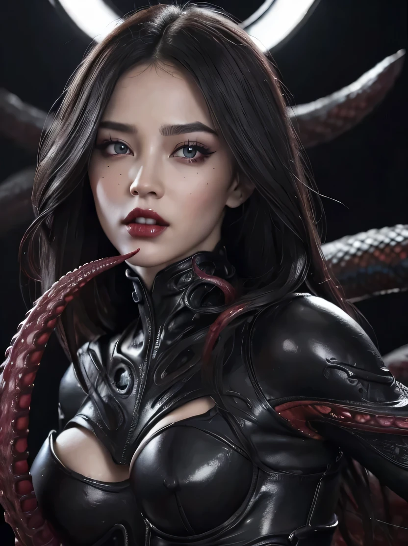 ((masterpiece、highest quality、Super detailed、High resolution、realistic、sharp focus、cinematic lighting))、Beautiful female alien from the world of Lovecraft、bust shot、Bright colors、Sexy Alien、multiple hands、(Lots of blue tentacles)、Extraterrestrial life form、protruding blood vessels、bio image、hair with tentacles、attractive thick eyebrows、 ((big red glowing eyes))、symmetrical eyes、clear eyes、bright red lips、Smooth limbs、Intimate look、perfect anatomy、Beautiful toned body、moist skin、body covered with red mucus、Glamour、A black dress with a ferocious image、heavy makeup、long fangs、gorgeous face、many intertwined tentacles、SF、evil aura、H. R.Giger'Impact of、cthulhu、fractal、Lively characters、view audience、snake hair、Snake-eyes