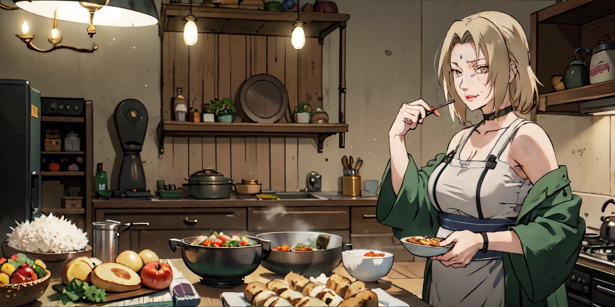 food, kitchen, meat, cooking, apron, knife, chopsticks, bowl, cutting_board, carrot, egg, plate, 1girl, holding_knife, frying_pan, stove, choker, soup, indoors, holding, bare_shoulders, ladle, spatula, omurice, black_hair, bread, bottle, brown_hair, ketchup, spoon, curry, tomato, sausage, vegetable, rice, short_hair, eating, collarbone, pot, pizza, breasts, brown_eyes, holding_chopsticks, "glow effects, godrays, Hand drawn, render, 8k, octane render, cinema 4d, blender, dark, atmospheric 4k ultra detailed, cinematic, Sharp focus, big depth of field, Masterpiece, colors, 3d octane render, 4k, concept art, trending on artstation, hyperrealistic, Vivid colors, extremely detailed CG unity 8k wallpaper, trending on CGSociety, Intricate, High Detail, dramatic", anime coloring, anime screencap, sweating, steaming body, fog, looking at viewer