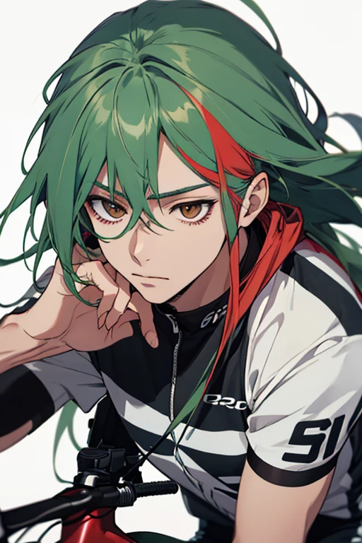 (best quality,high resolution:1.2),portrait,1man,yuusuke makishima,long green hair with detailed red highlights,yowamushi pedal,cute boy,pastel color,bicycle jersey,sexy pose