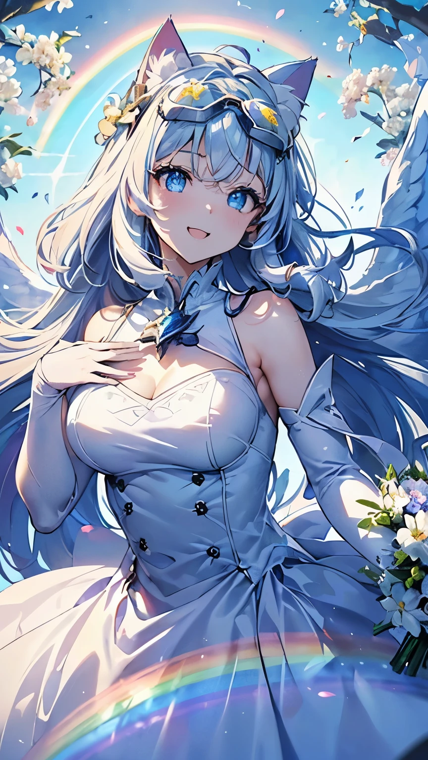 (girl:1.3), 1girl, (arm-stretching dance pose:1.3), (join hands), complex background, ultra fine eyes, rainbow effect, (Cat ear:1.5)、(white long hair:1.5), (intricate rainbow street costume、Gorgeous and luxurious princess long skirt dress,Emphasize bright blue:1.3), Good style and big breasts, fine jewelry, (Wear precision goggles on your head:1.5),4K anime art, 4K digital art, highest quality,movie profile,complex midnight city、big smile、(fine eyes、complex and precise pupil、blue eyes:1.5), (face focus:1.3),(Upper body zoom profile:1.3), 8k wallpaper, (big smile、open your mouth:1.5), Profile viewed from above at a 45 degree angle,(smile,sad,An expression that combines relaxation and strength:1.3),(carry angel wings:1.3),wings fly,rainbow theme,debris flies,4K anime art,4K anime illustration,(waving white flowers:1.2),(Holding a large brightly colored bouquet in both hands:1.5)