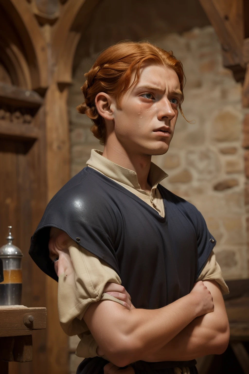 England, 1337. A young ((((16-year-old)) Wulfric)), rustic boy, strong, angular features, serious, kind, indoors, staring at a tragic disaster in ((shock and horror expression)), ((crying big tears)). ((((clothings from the 1300s)))), ((ginger hairstyle of the 1300s))