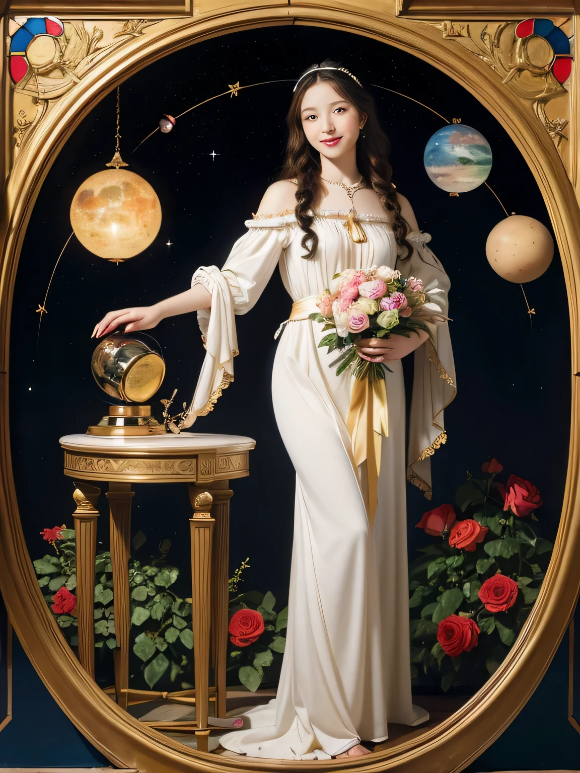 full body portrait or statue、Stained glass、Vigée Leblanc style、math、astronomical machine、astronaut、roses in vase、fruits、Cute trinkets、smile、ancient greek costume、Sandro Botticelli paintings、Costume that stretches your body
