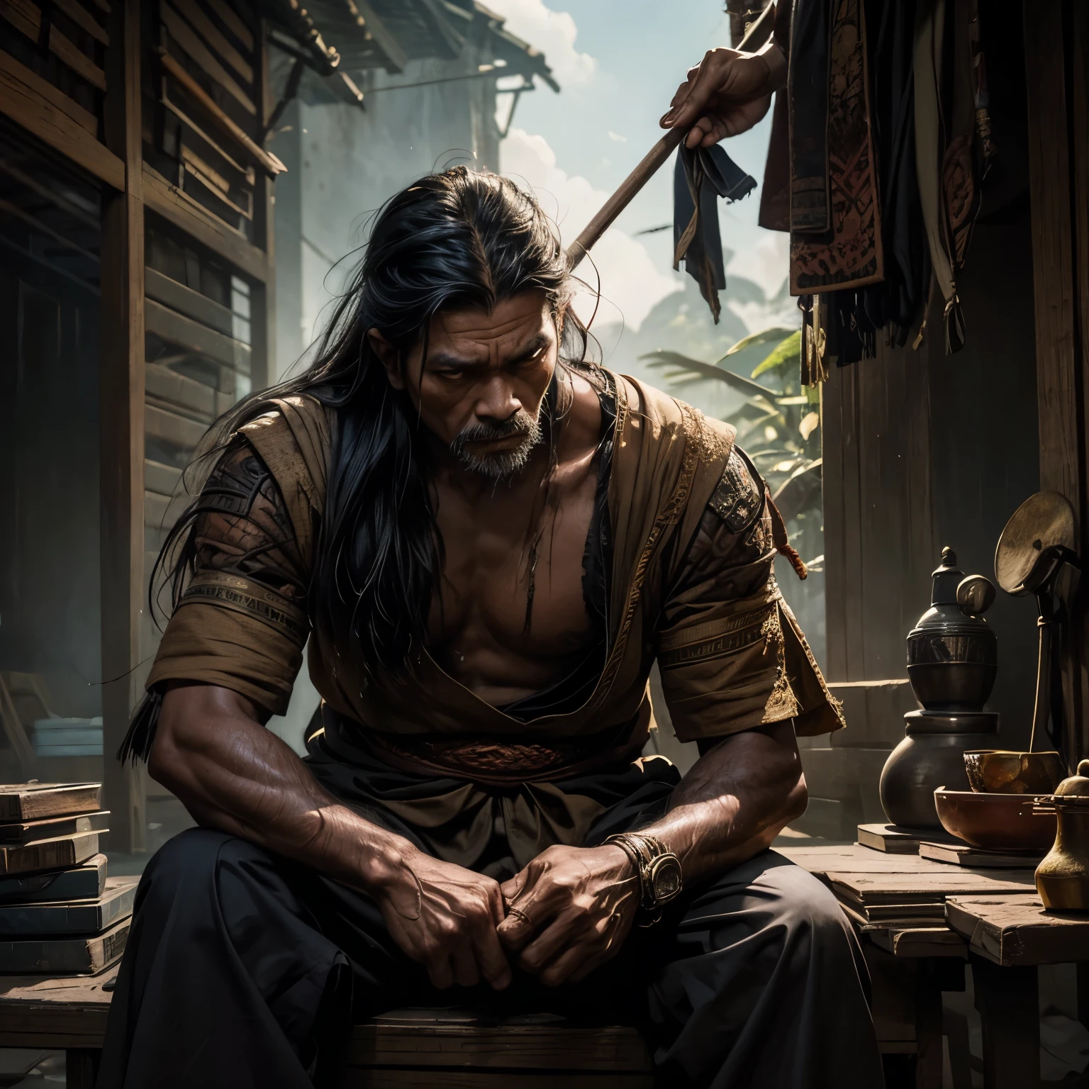 An Javanese hero, around forty-five years old, with blind eyes, had long hair reaching down to his shoulders. He clutched a worn-out wooden stick tightly in his right hand. Blood trickled down from his nose, adding a grim touch to his weathered face.
