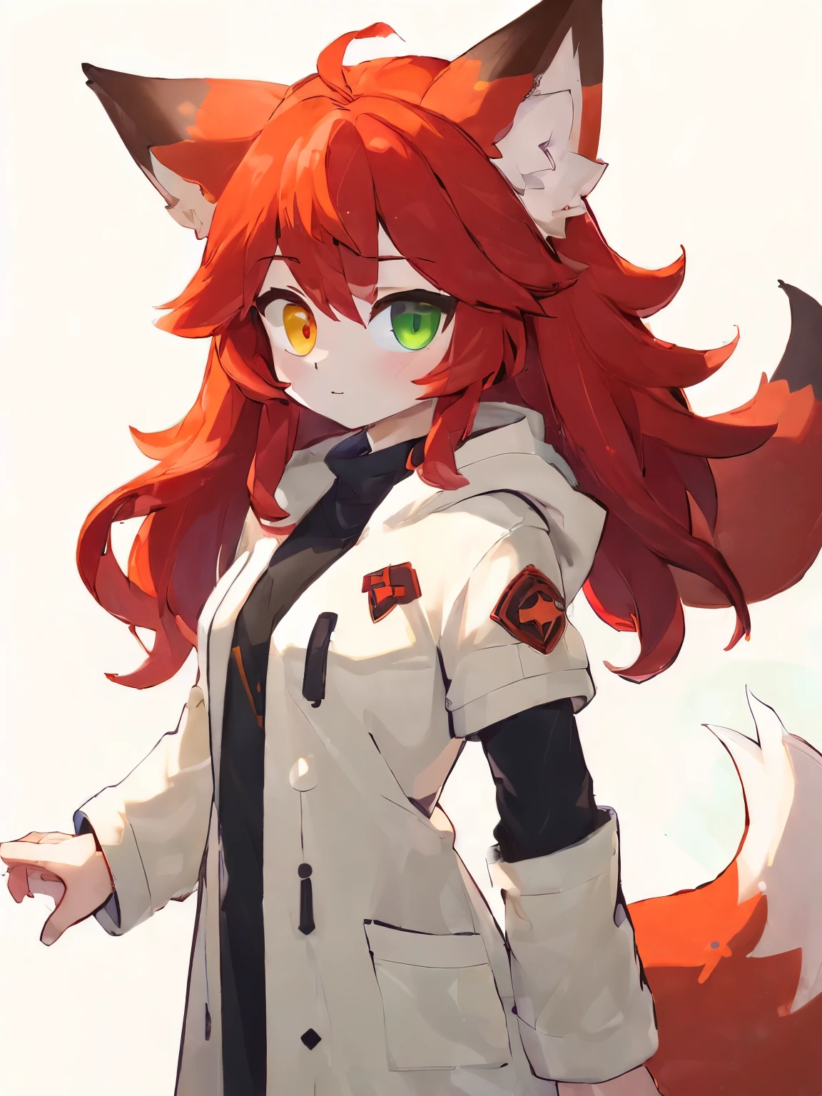 (best quality:2),(masterpiece:1.2),(detailed:1.1), 1girl, solo red hair, one eye is yellow and another is green, heterochromia, white coat, fox girl, fox ears, fox tail