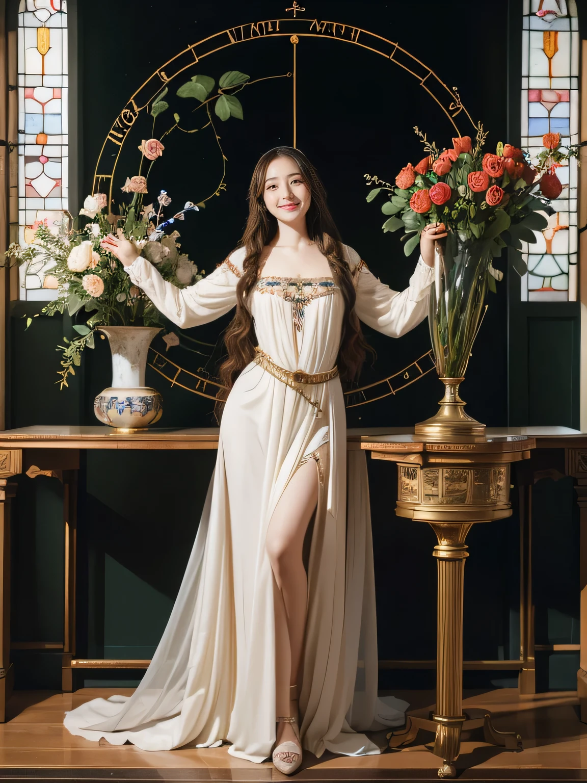full body portrait or statue、Stained glass、Vigée Leblanc style、math、astronomical machine、astronaut、roses in vase、fruits、Cute trinkets、smile、ancient greek costume、Sandro Botticelli paintings、Costume that stretches your body