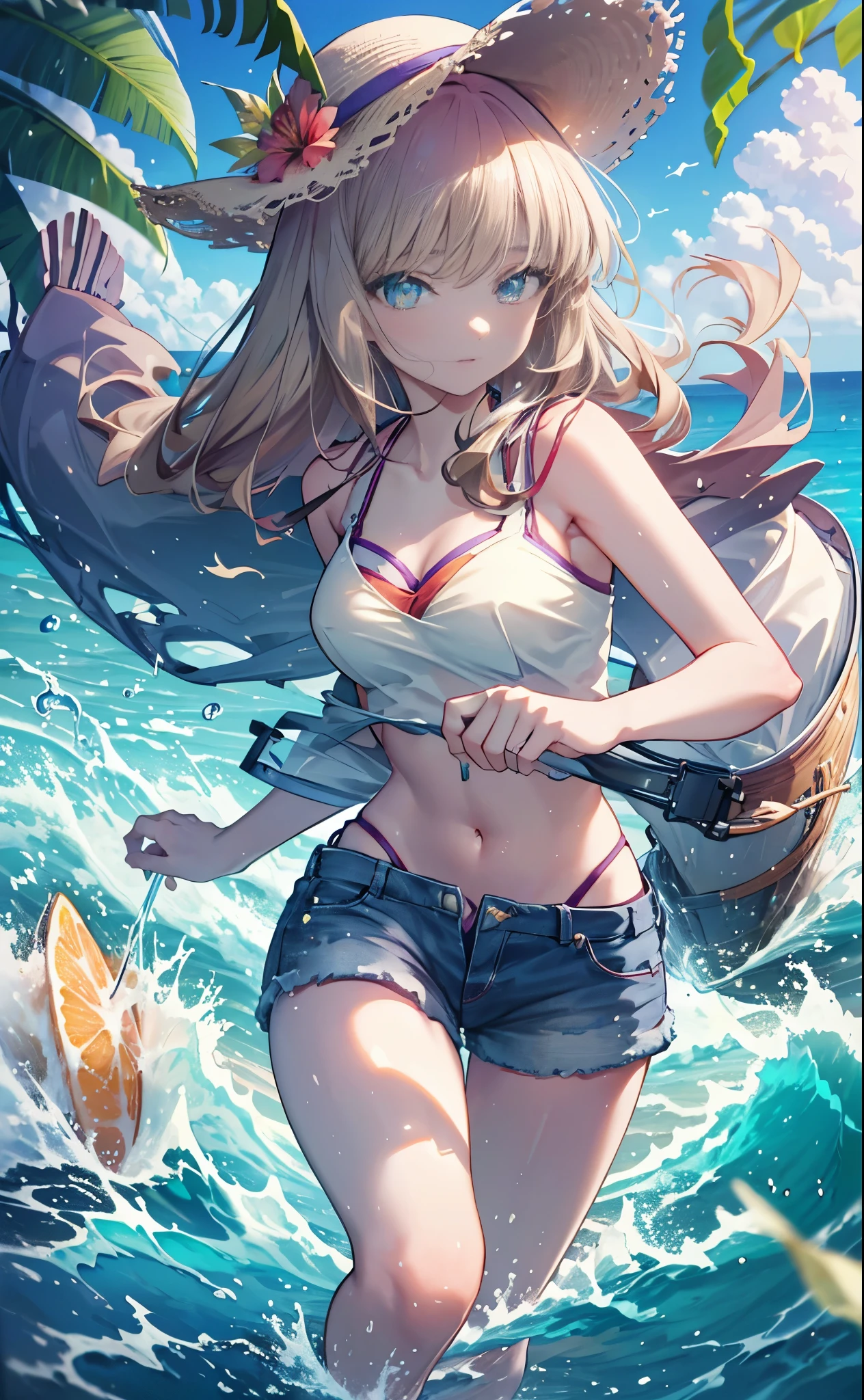 8k,highest quality,masterpiece,(software), masterpiece, highest quality, high resolution 64k, professional artwork, famous works of art, clean, cinematic lighting, beautiful eyes + detailed, beautiful hair + detailed,Southern dream bud,Southern dream bud sss dynazenon ,brown hair,green ruby eyes,Big straw hat,hibiscus hair ornament,Blue Bikini Swimsuit,A thin floral patterned cloth is wrapped around the waist.,barefoot,sandy beach,seaside,ビーチのsandy beachを散歩しながら、brown hair fluttering in the breeze, (masterpiece:1.2), highest quality, High resolution, unity 8k wallpaper, (shape:0.8), (beautiful and detailed eyes:1.6), 非常にdetailedな顔, perfect lighting, Very detailed CG, (perfect hands, perfect anatomy),