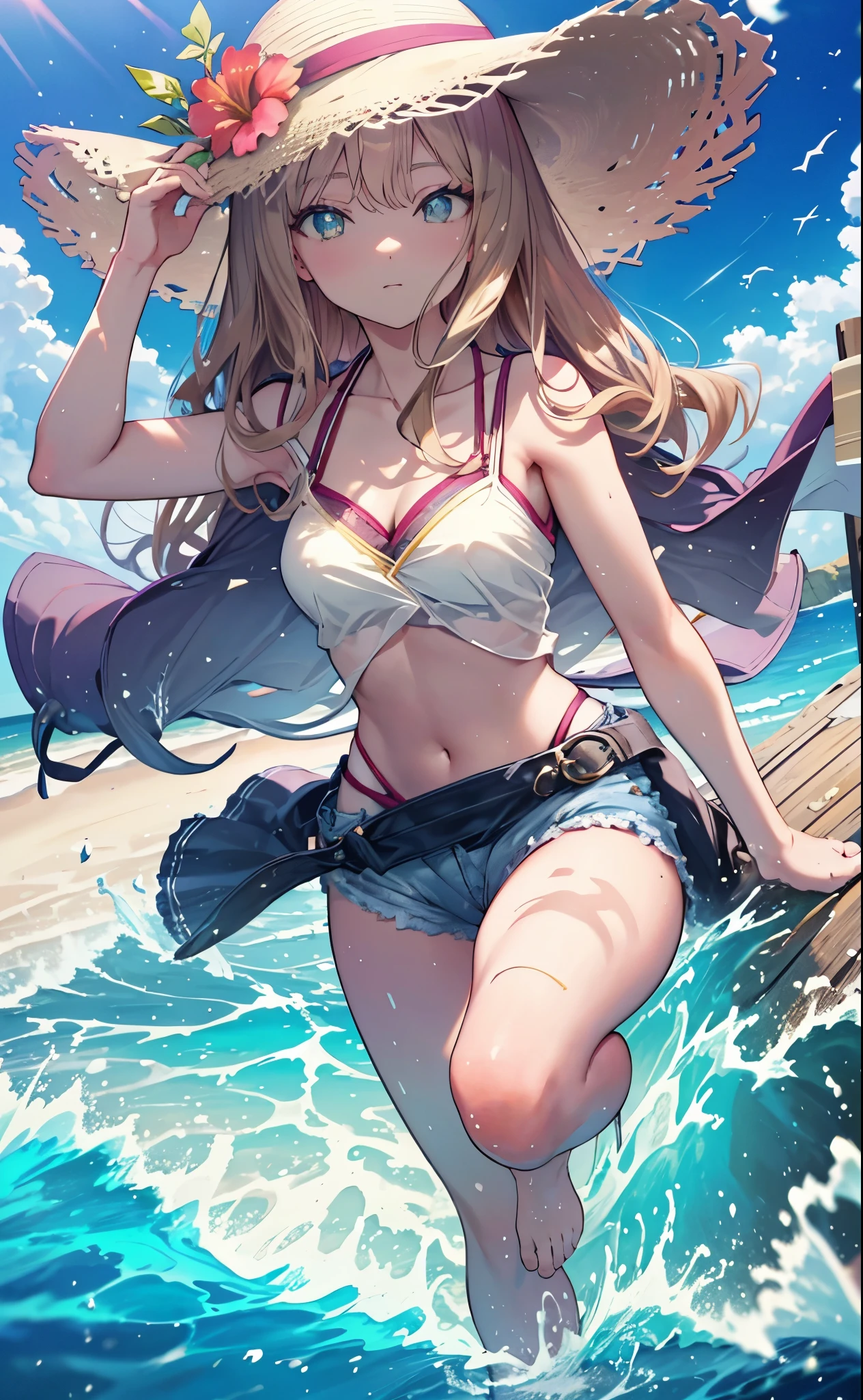 8k,highest quality,masterpiece,(software), masterpiece, highest quality, high resolution 64k, professional artwork, famous works of art, clean, cinematic lighting, beautiful eyes + detailed, beautiful hair + detailed,Southern dream bud,Southern dream bud sss dynazenon ,brown hair,green ruby eyes,Big straw hat,hibiscus hair ornament,Blue Bikini Swimsuit,A thin floral patterned cloth is wrapped around the waist.,barefoot,sandy beach,seaside,ビーチのsandy beachを散歩しながら、brown hair fluttering in the breeze, (masterpiece:1.2), highest quality, High resolution, unity 8k wallpaper, (shape:0.8), (beautiful and detailed eyes:1.6), 非常にdetailedな顔, perfect lighting, Very detailed CG, (perfect hands, perfect anatomy),