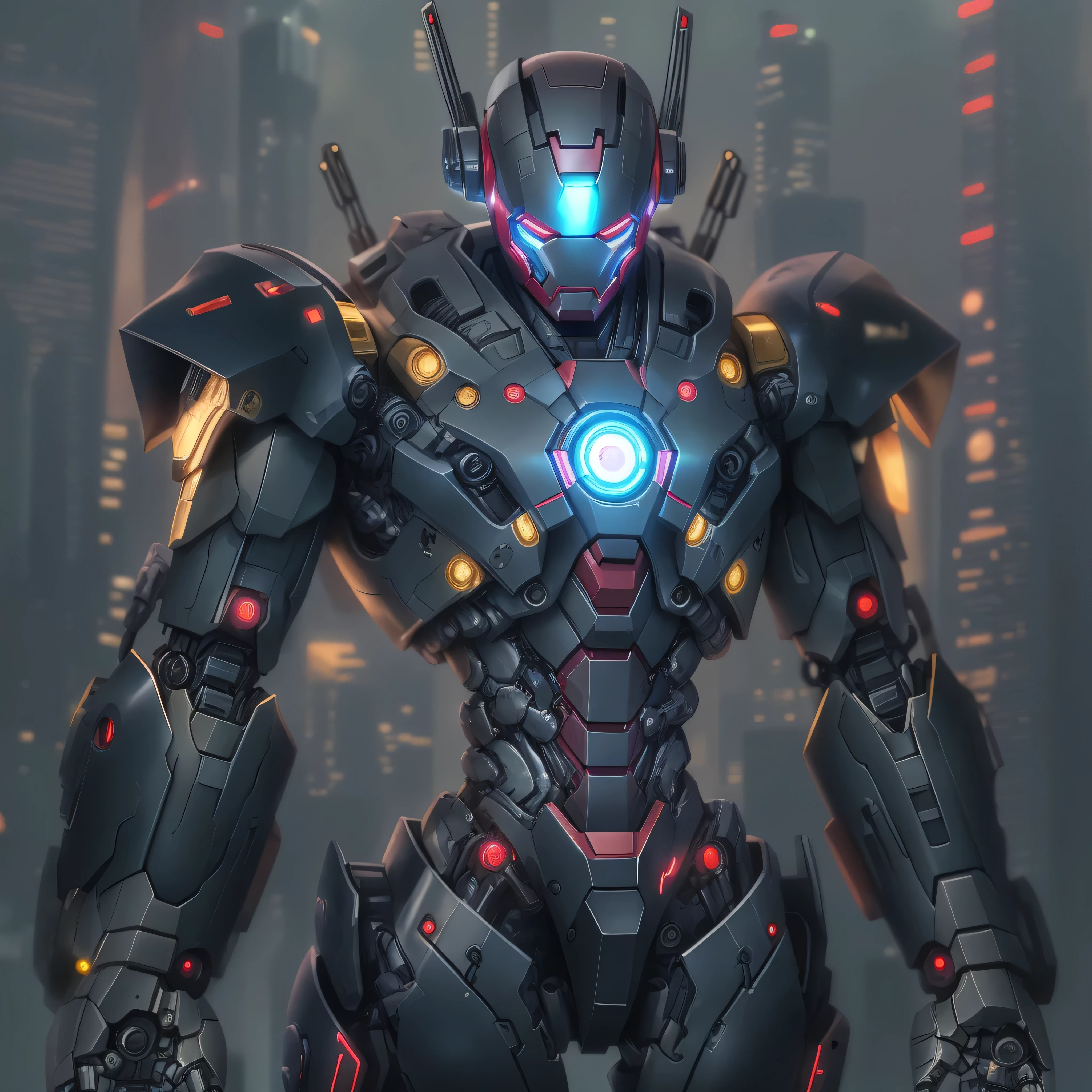 a close up of a robot in a suit with glowing eyes, cyber suit, mecha suit, wears a suit of power armor, cyberpunk iron man, cyberpunk suit, mech suit, robot suit, stylish cyborg armor, sci - fi suit, beautiful robot character design, biopunk suit, dark suit, intricate assasin mecha armor, full body mecha suit