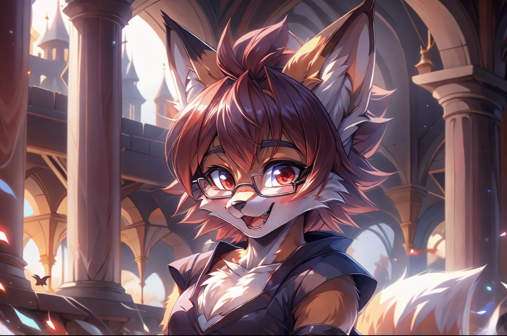 1solo, fox furry girl with medium length dark red hair, fluffy hair shy, beautiful red eyes, wearing glasses,  very  fluffy tail, , bow on chest, 17 years old , very young body, flat chest,  innocent , pure feminine girl, wearing  futuristic clothing, blushing, confused, tilted head, smiling with open mouth and  teeth, happy,  being adorable, good mood, in a spooky castle, standing, brave ,super cute princess