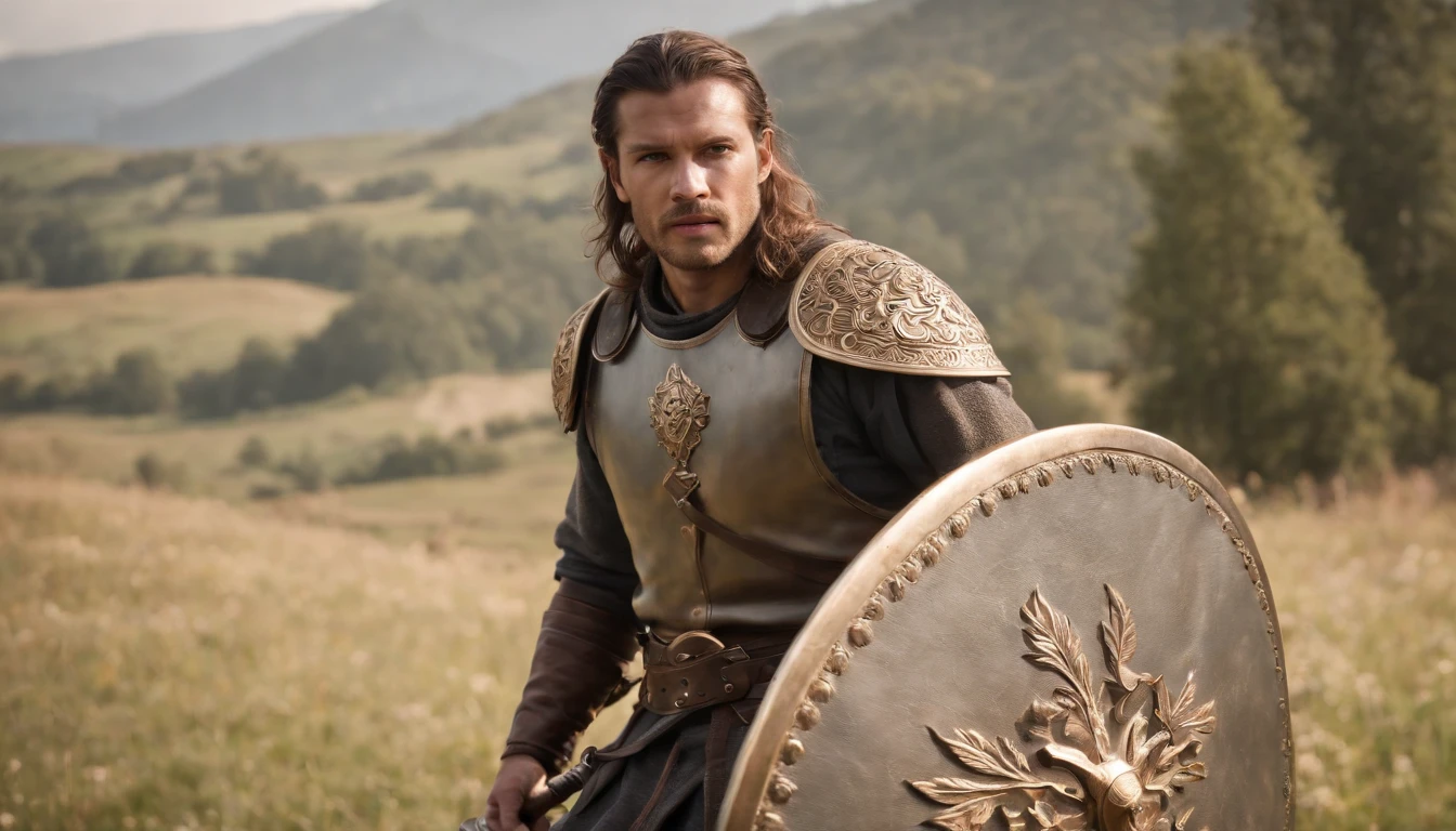 the fighting hero,action pose,Equipped with a legendary sword,Equipped with legendary shield,Equip legendary armor,Great Valley,Strong depth of field,strong bloom,sunbeam,8K,masterpiece,best shot,A scene from a movie,national geographics,animal planet,HDR Nikon Photography