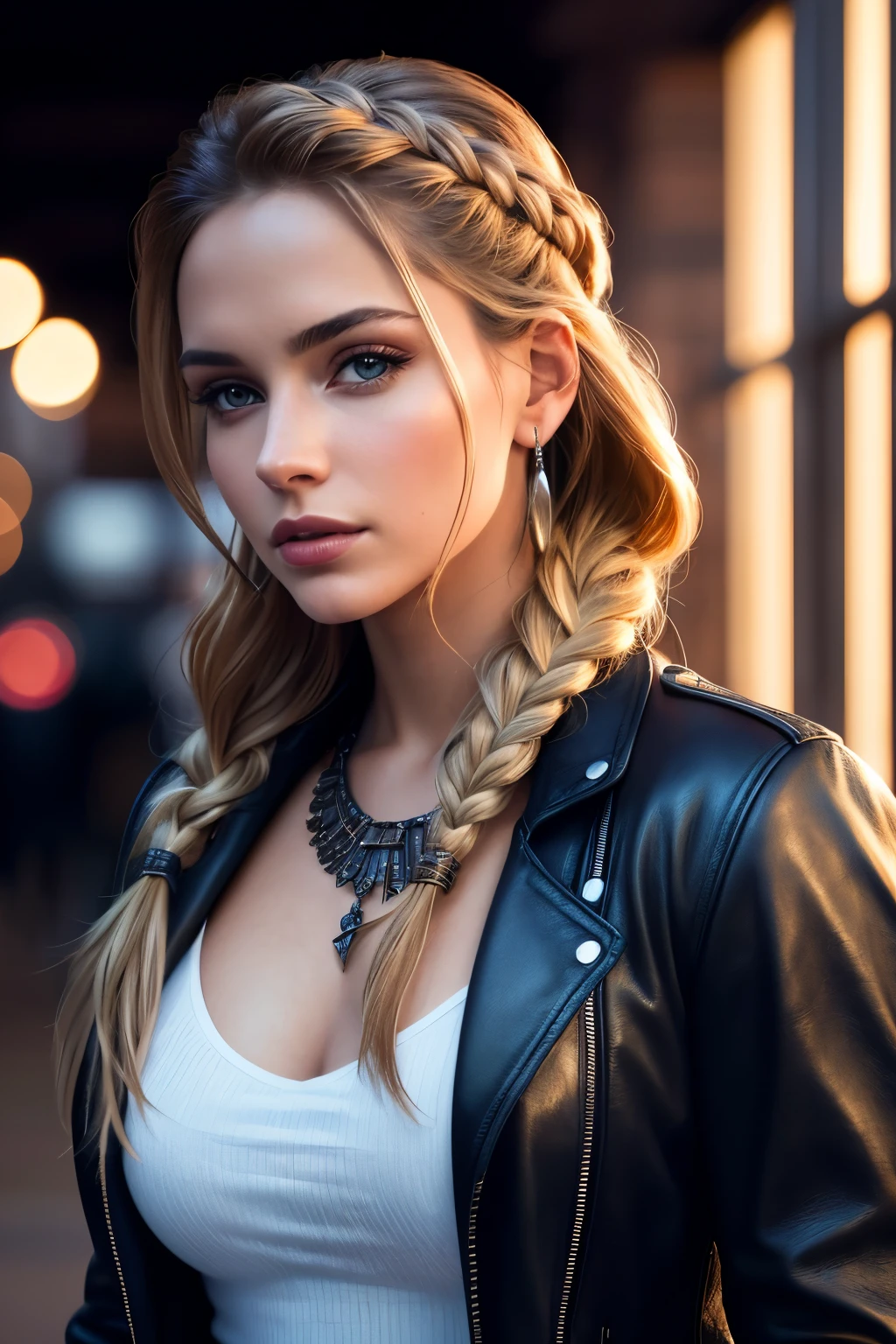 Photo of a stunningly beautiful White woman, ((Portrait)), ((Detailed face:1.2)), ((detailed facial features)), long brown braided hair, Wrapped in leather outfits, Sensual Environment, Standing confidently, Warm color palette, Soft lighting, Reflectors, (Masterpiece) (perfectly proportions) (photos realistic) (Best Quality) (Detailed) photographed with a Canon EOS R6, 35mm Lens, F/1.4, nffsw, (8K) (Wallpaper) (Realistic rendering) (Moody lighting) (Foco nítido) (High contrast) Fashion
