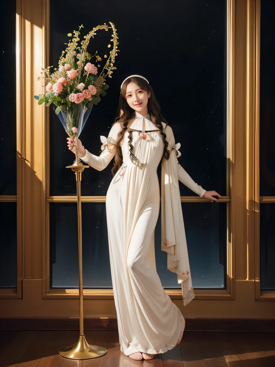 full body portrait or statue、Stained glass、Vigée Leblanc style、math、astronomical machine、astronaut、roses in vase、fruit、Cute trinkets、smile、ancient greek costume、Sandro Botticelli paintings、Costume that stretches your body 