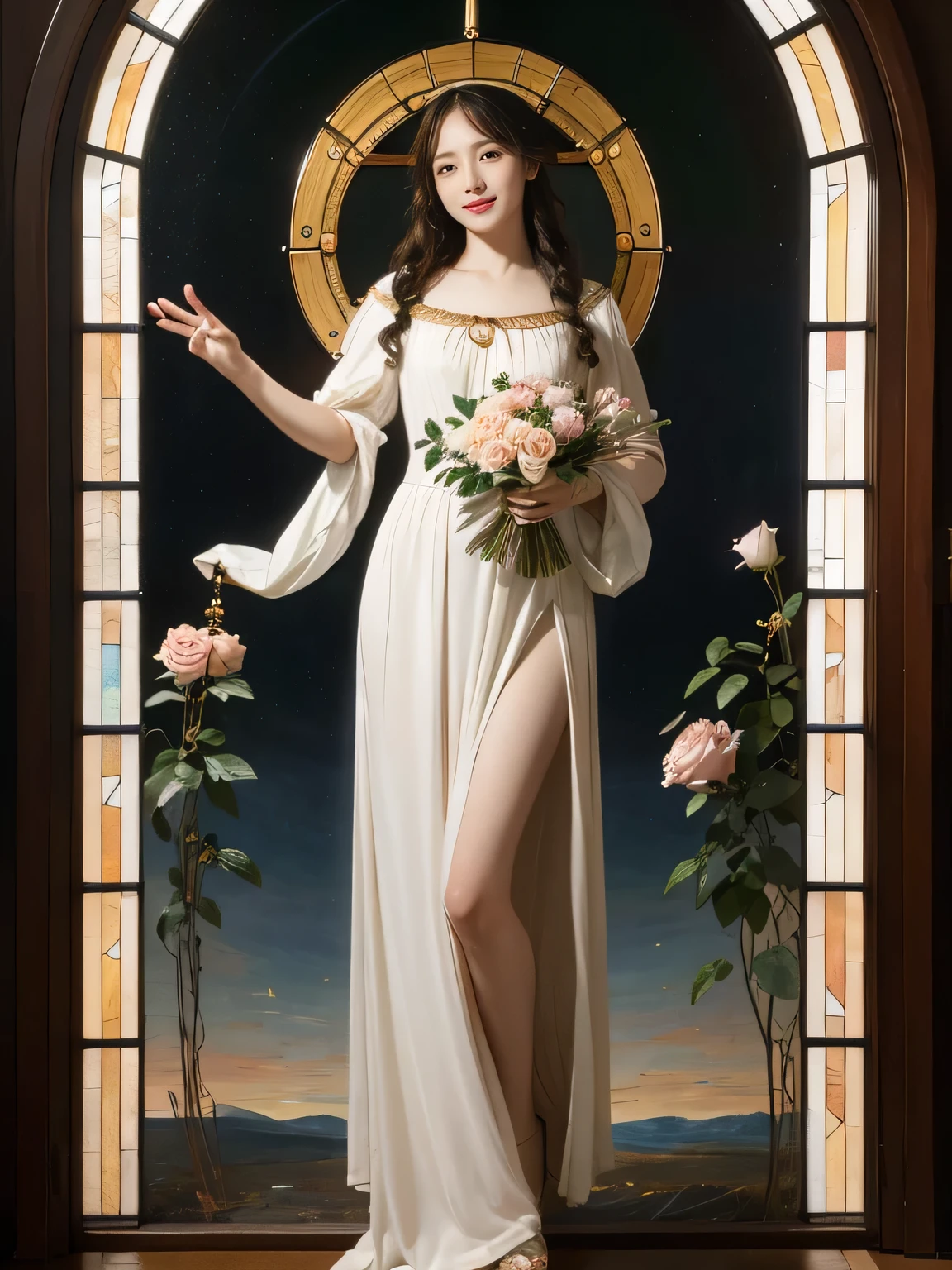 full body portrait or statue、Stained glass、Vigée Leblanc style、math、astronomical machine、astronaut、roses in vase、fruit、Cute trinkets、smile、ancient greek costume、Sandro Botticelli paintings、Costume that stretches your body 