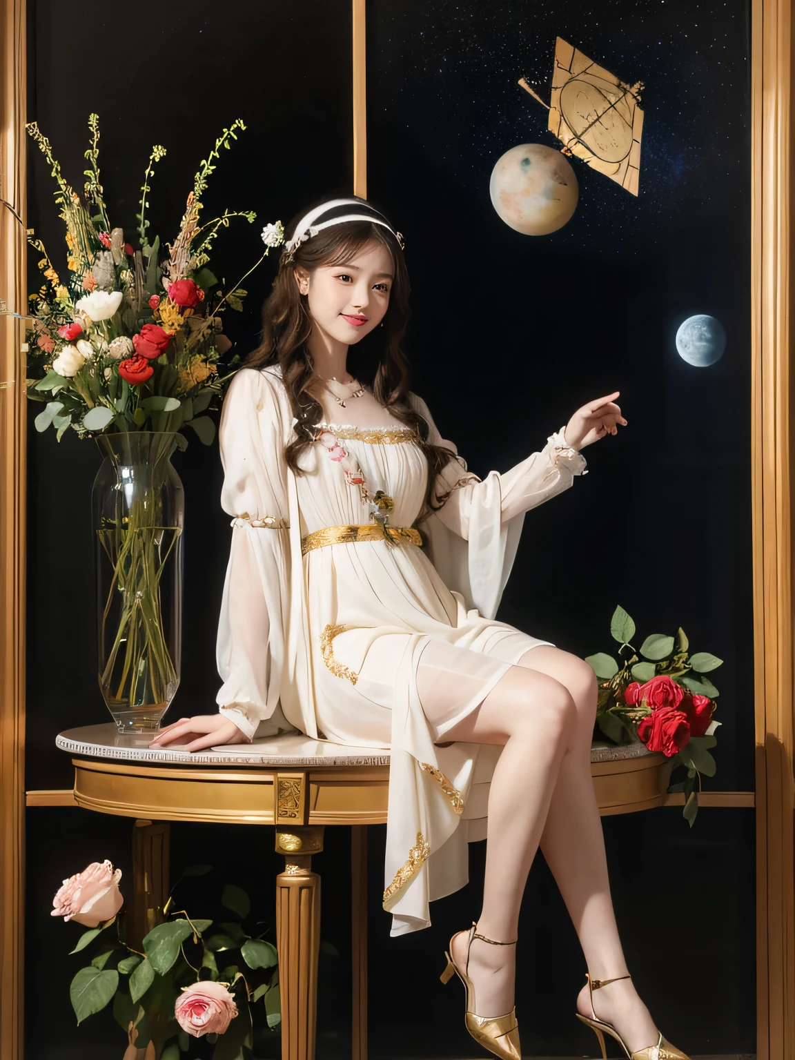 full body portrait or statue、Stained glass、Vigée Leblanc style、math、astronomical machine、astronaut、roses in vase、fruit、Cute trinkets、smile、ancient greek costume、Sandro Botticelli paintings、Costume that stretches your body 