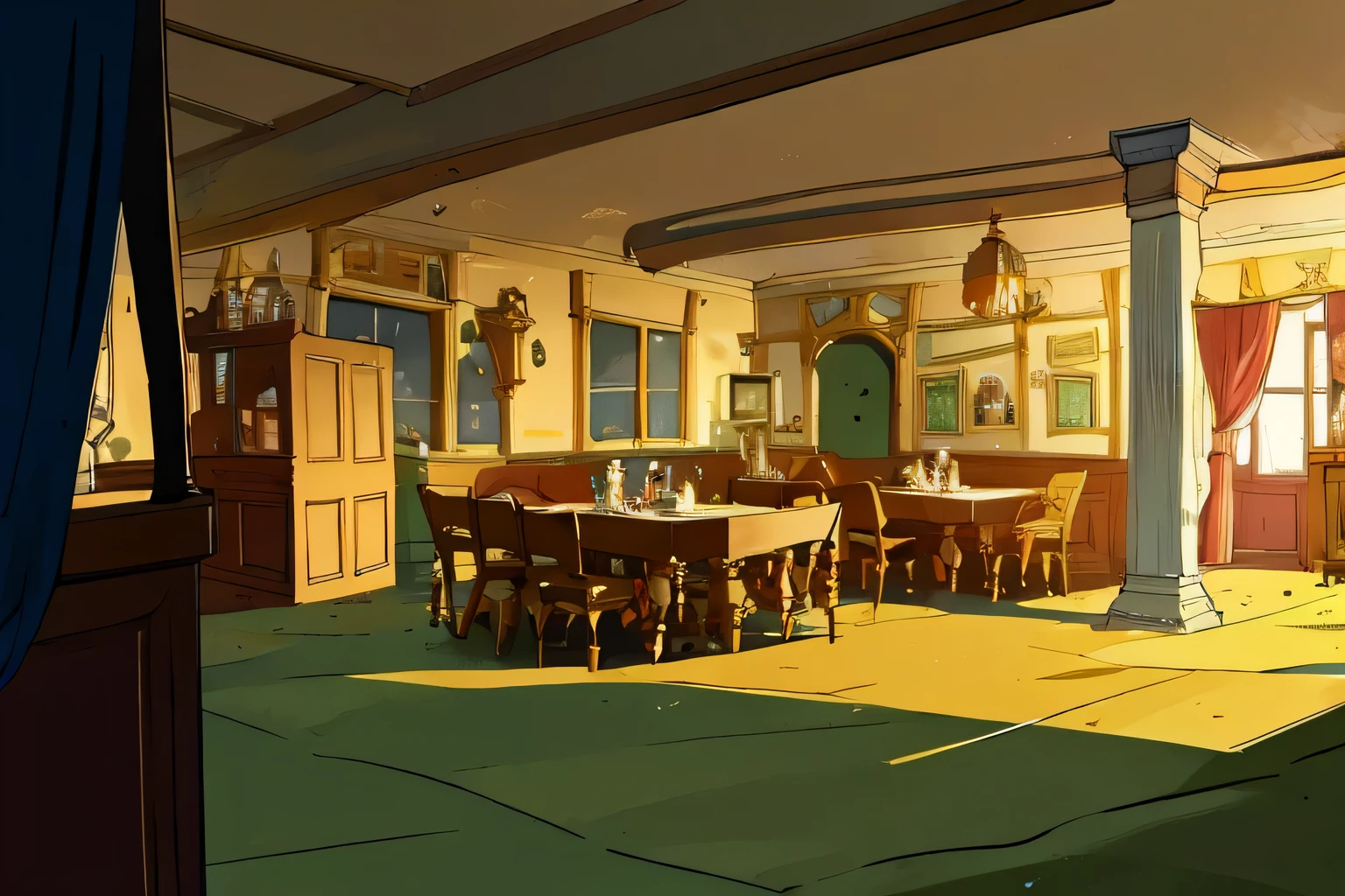 masterpiece, best quality, no humans, slum, victorian tavern, evening.