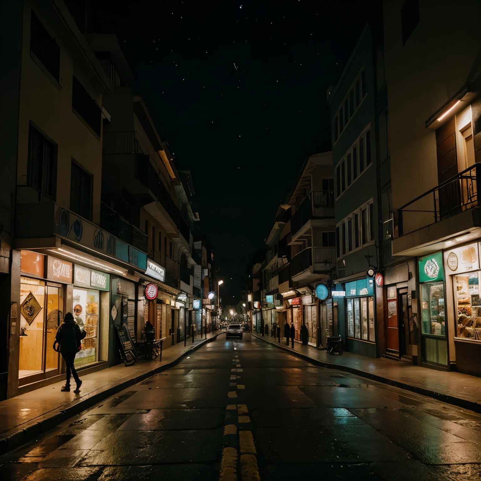 uma rua vazia na cidade grande em uma noite de inverno, with low lighting but cozy