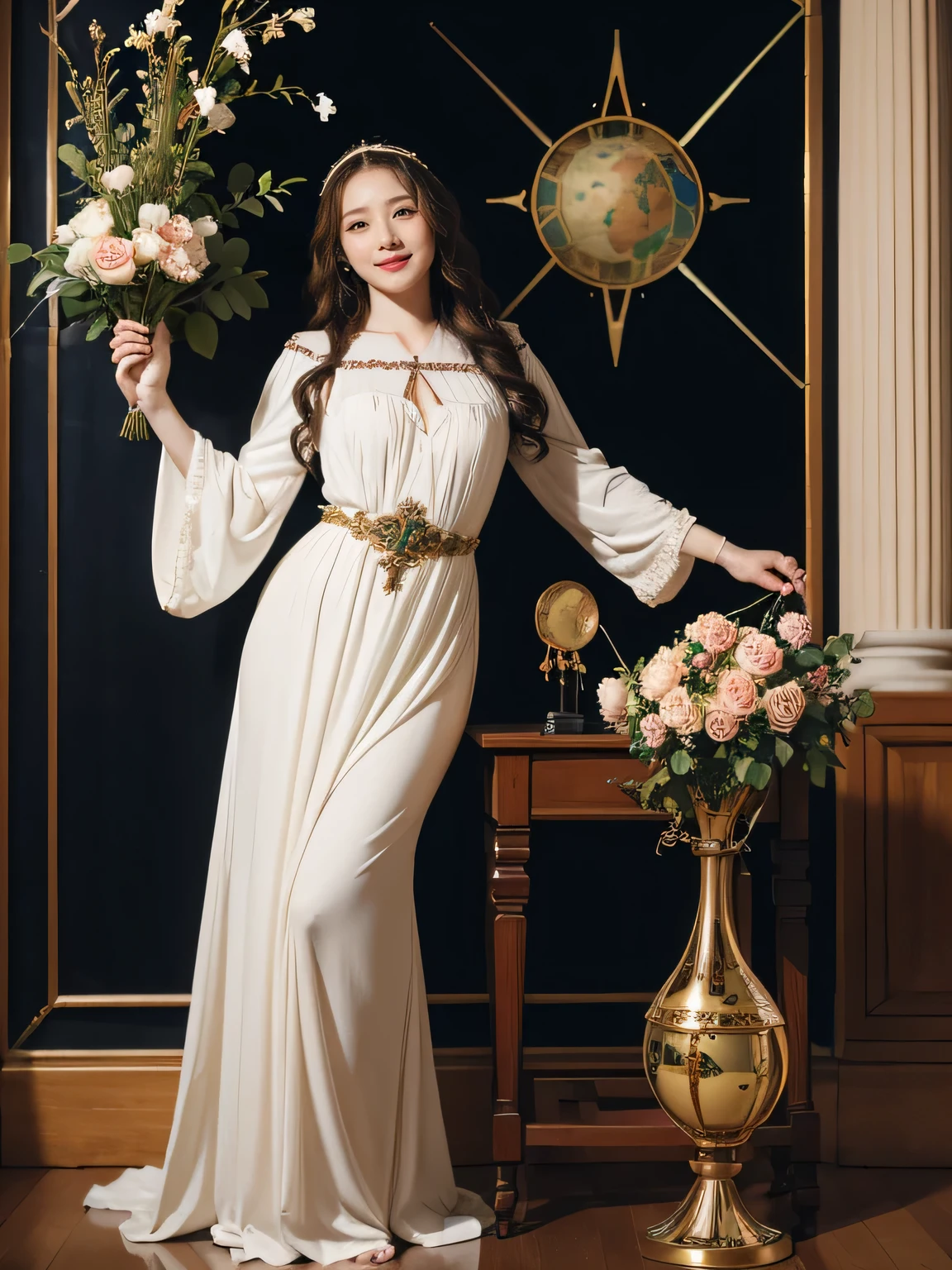 full body portrait or statue、Stained glass、Vigée Leblanc style、math、astronomical machine、astronaut、roses in vase、fruit、Cute trinkets、smile、ancient greek costume、Sandro Botticelli paintings、Costume that stretches your body