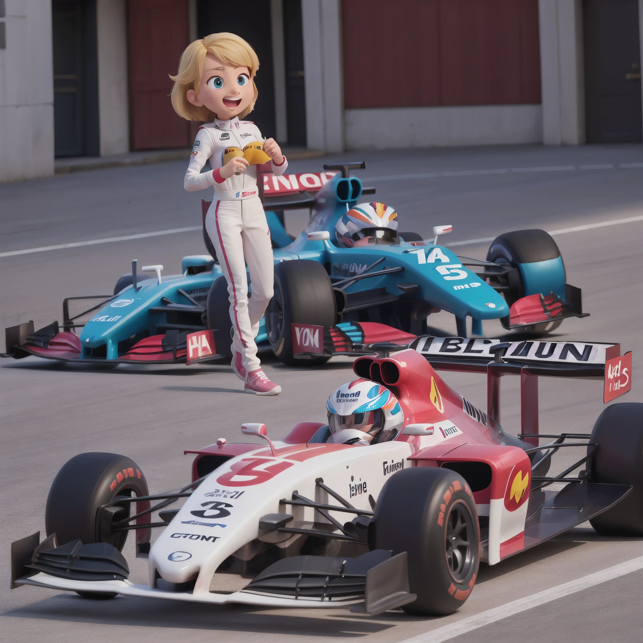 pixar style , two f1 cars , one car blue and pink , one car red , circuit background , sunny day , the two car are smiling 