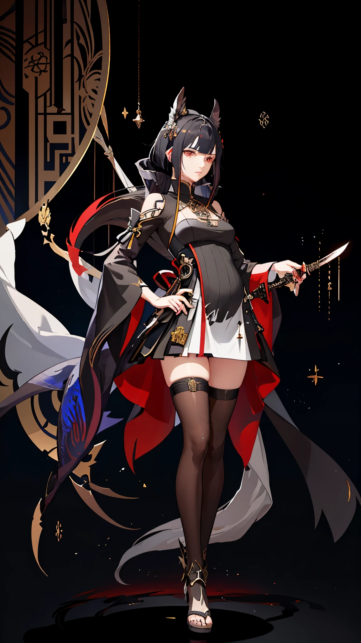 a woman in a dress holding a dagger and a dagger, video game character, from arknights, fox nobushi holding a dagger, hajime yatate, keqing from genshin impact, black haired deity, with small sword, ayaka genshin impact, female action anime girl, official character art, anime character, pregnant anime girl, fetus