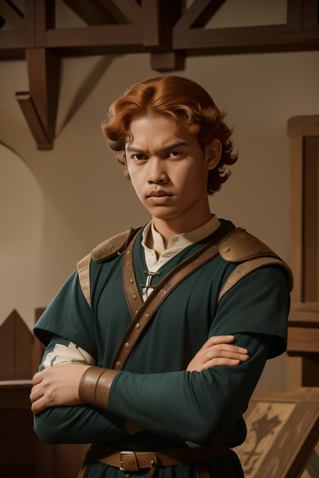 England, 1337. A young ((((16-year-old)) Wulfric)), rustic boy, strong, angular features, serious, kind, indoors, staring at a tragic disaster in ((shock and horror expression)), ((crying big tears)). ((((clothings from the 1300s)))), ((ginger hairstyle of the 1300s))
