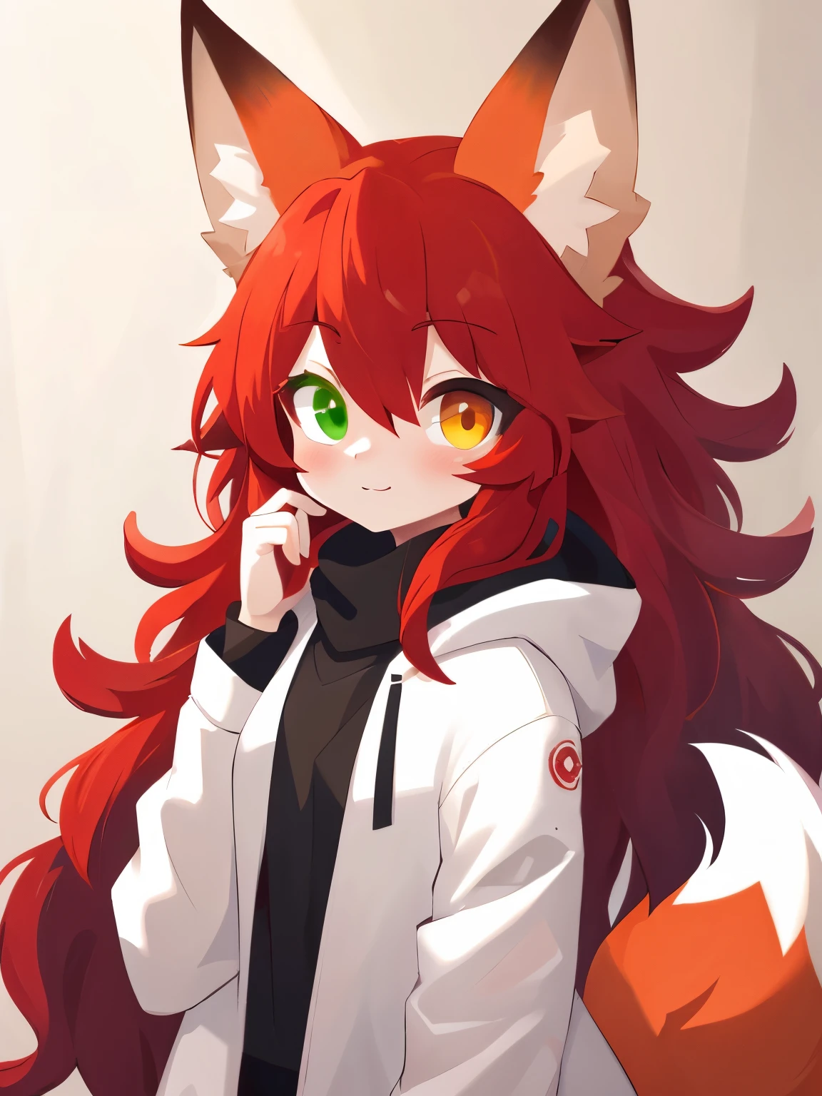 (best quality:1.5),(masterpiece:1.2),(detailed:0.25), 1girl, solo red hair, one eye is yellow and another is green, heterochromia, white coat, fox girl, fox ears, fox tail