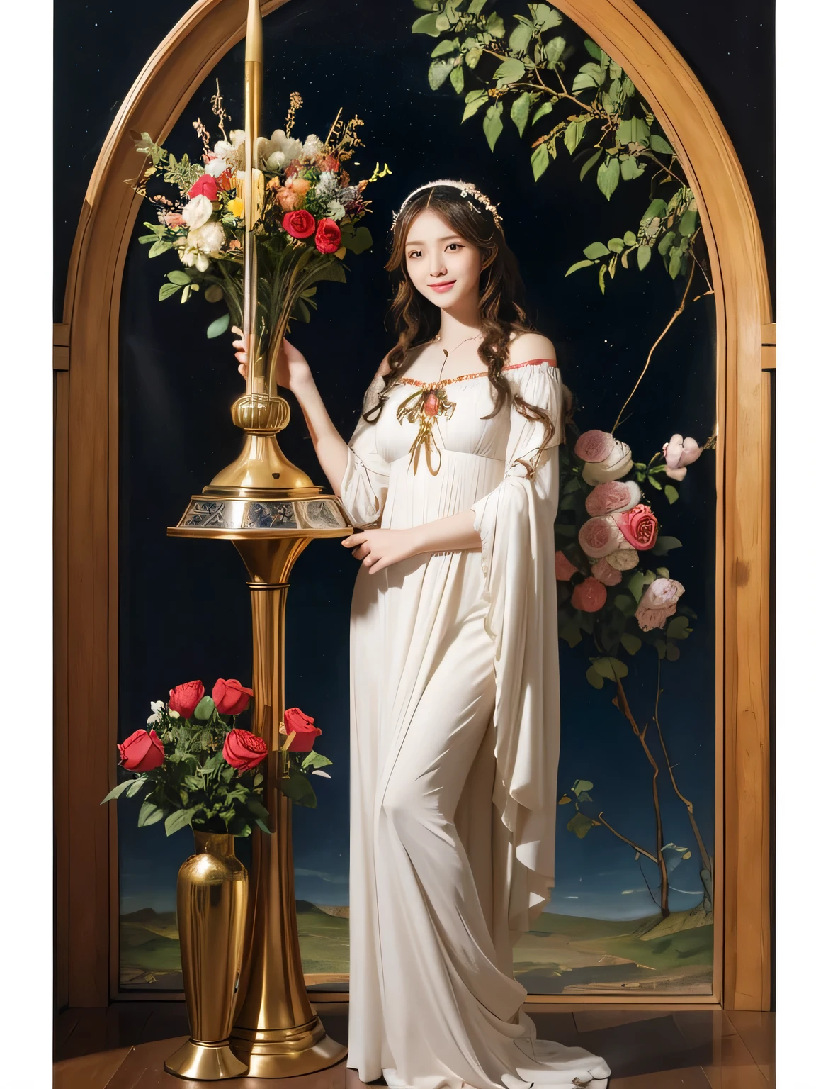 full body portrait or statue、Stained glass、Vigée Leblanc style、math、astronomical machine、astronaut、roses in vase、fruit、Cute trinkets、smile、ancient greek costume、Sandro Botticelli paintings、Costume that stretches your body