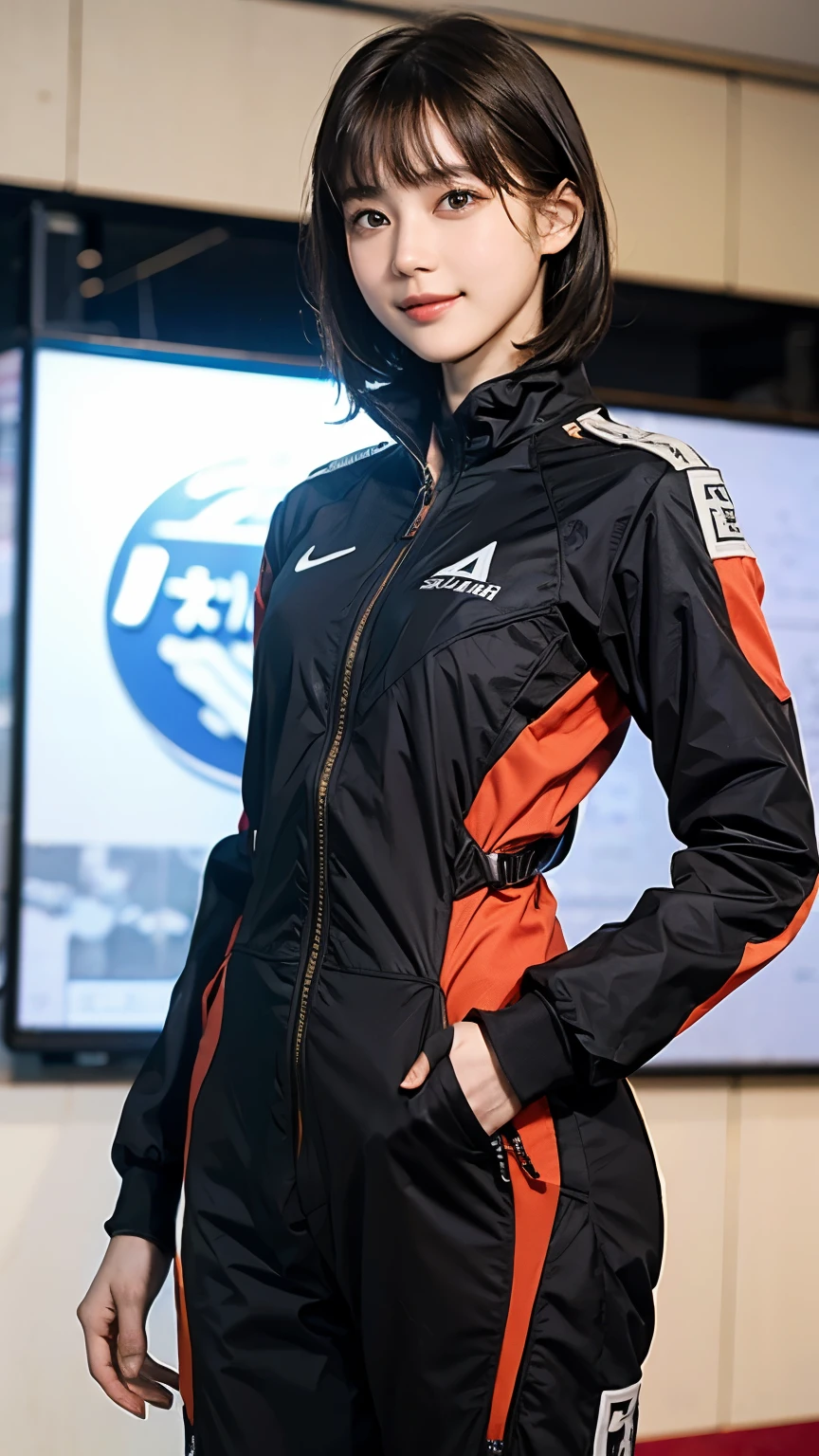 163
Shorthair, (a 20 yo woman, standing), A hyper-realistic, gentle smile, sci-fi cool suit, (口紅), futuristic fighter aircraft