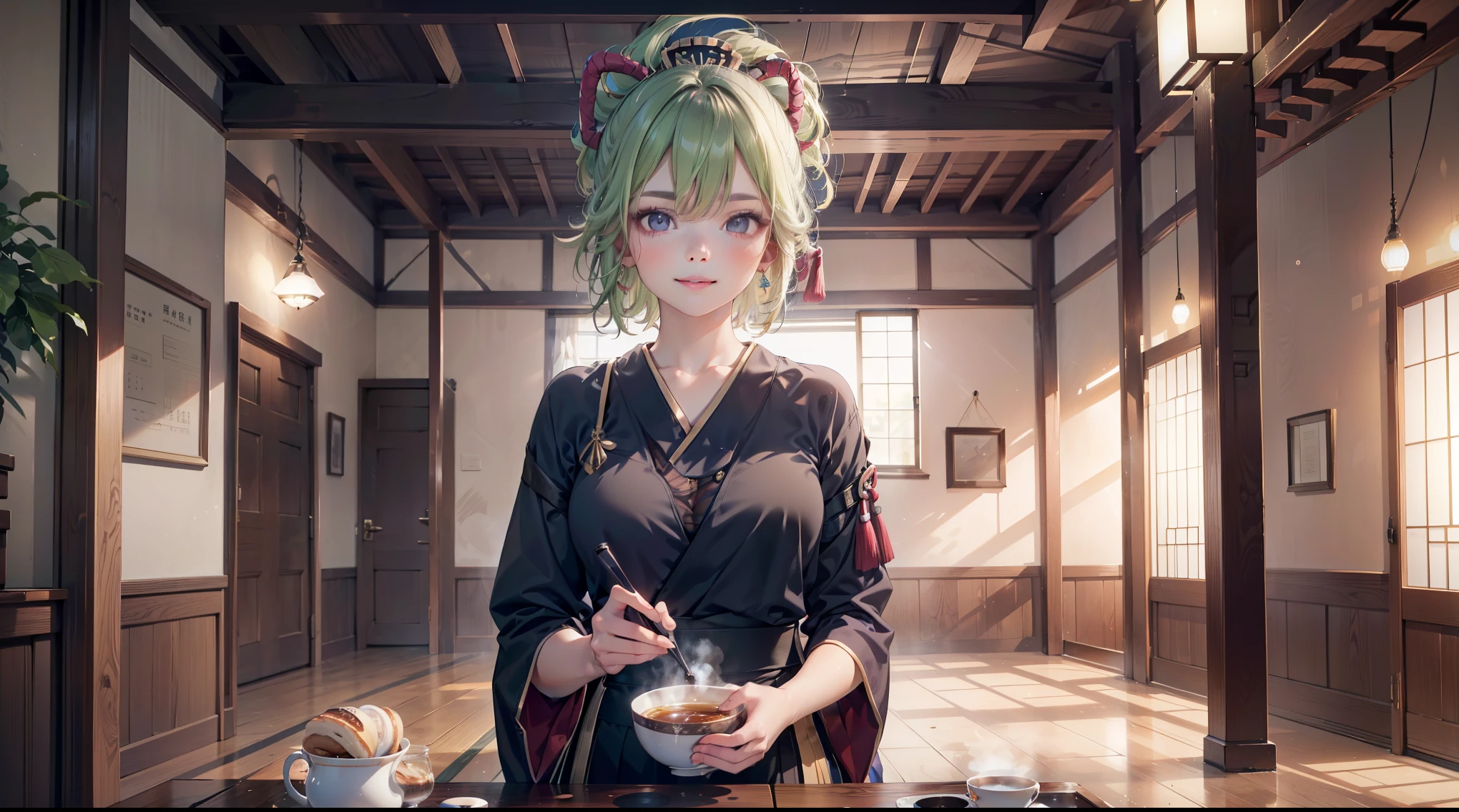 (best quality,8k,highres,masterpiece:1.2),(realistic,photorealistic,photo-realistic:1.37), ในตาสีม้วง, ชุดเมดแบบคลาสสิค, traditional Japanese bakery,beautiful detailed eyes,happiness,glowing eyes,smiling,peaceful atmosphere,traditional Japanese clothes,working(คุณภาพดีที่สุด,เต็มรูปแบบ,โฆษณา:1.2),แสงสว่างและอบอุ่น,หวานง่มงวง,ความสุขบริบูรณ์,รอยยิ้มสดใส,sakura tree,tranquil,aroma scent,dreamlike,vivid colors,subtle lighting,traditional Japanese tea set,lively ambiance