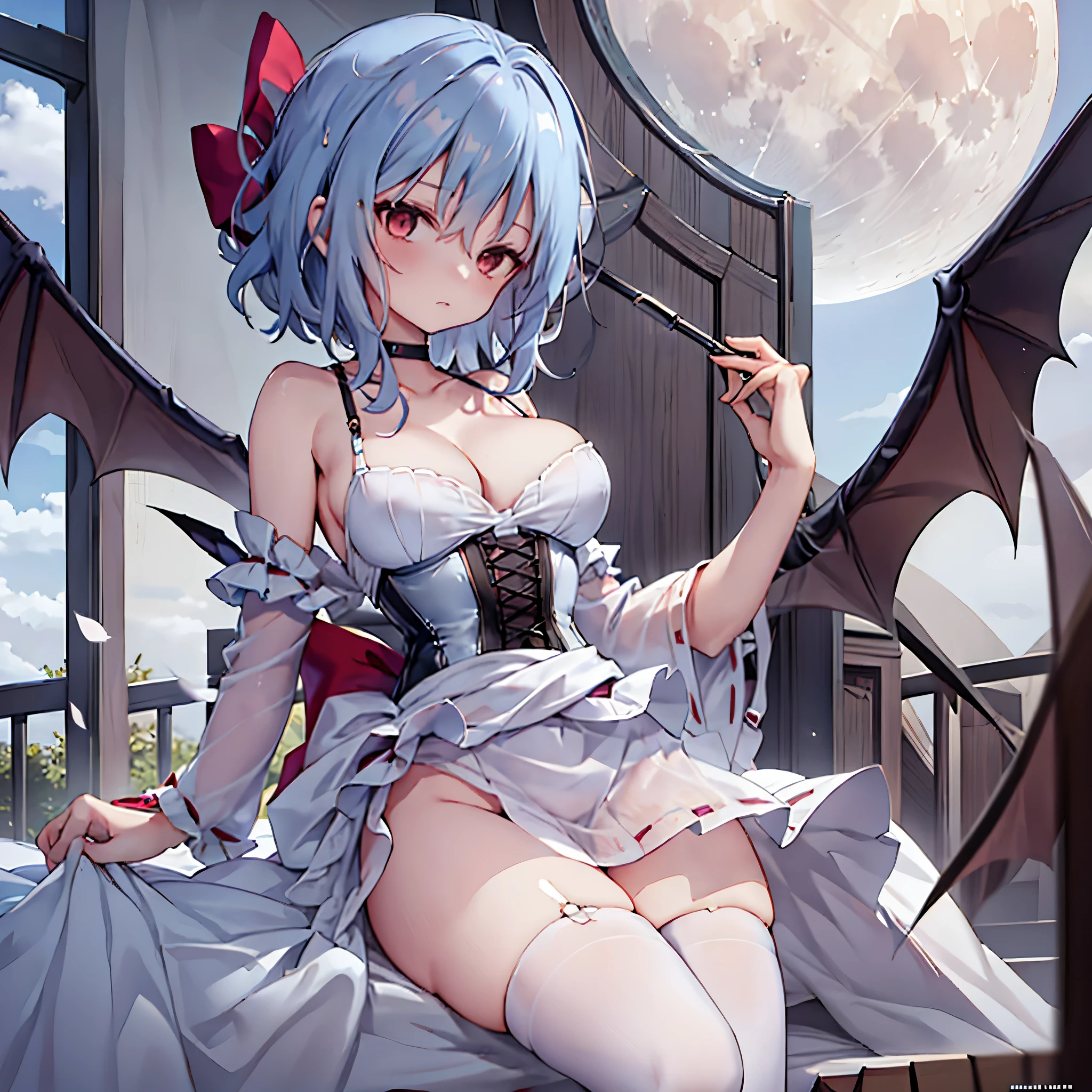 (Remilia toho character), (solo:1.2), skinny, (standing on the deck of mansion:1.1), a full moon, midnight, BREAK, short hair, collarbone, (emphasize very perky breasts:1.1), (emphasize cleavage:1.2), (inconceivably thin narrow waist:1.3), (very short thin torso:1.2), very long (thin legs), emphasize thigh gap, BREAK, (very short sheer white dress squeeze breasts:1.2), dress lift breasts up, (inconceivably wiry narrow brown corset cinches waist too tight:1.5), frilled (too short white miniskirt), (light blue thighhighs), BREAK, nose blush