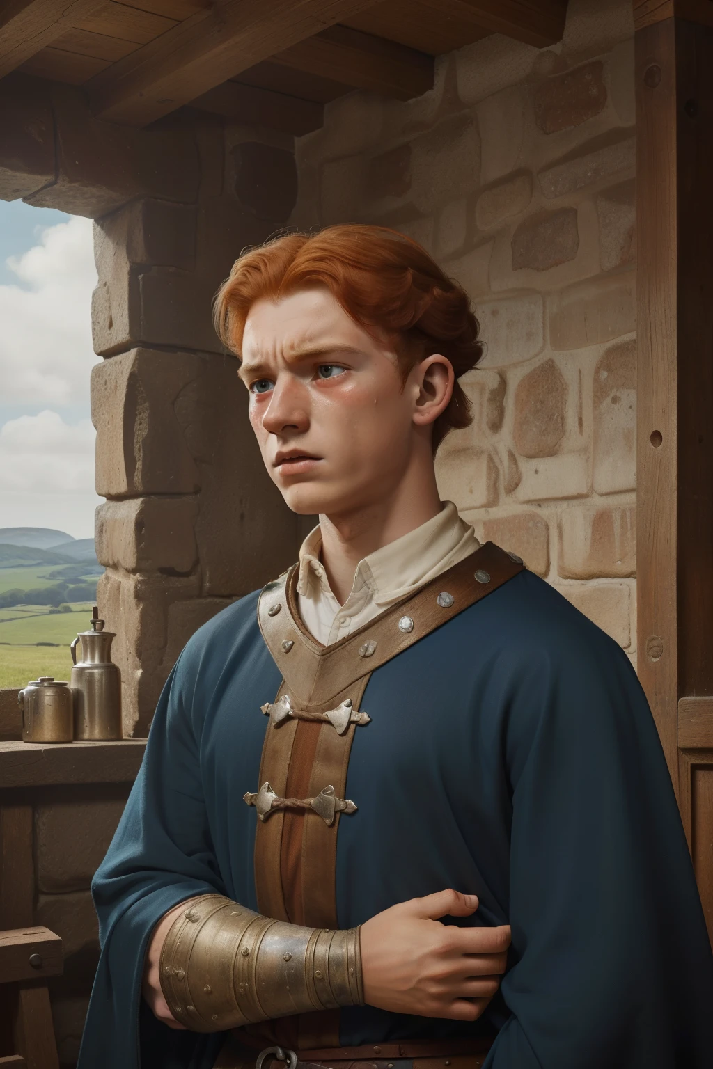 England, 1337. A young ((((16-year-old)) Wulfric)), rustic boy, strong, angular features, serious, kind, indoors, staring at a tragic disaster in ((shock and horror expression)), ((crying big tears)). ((((clothings from the 1300s)))), ((ginger hairstyle of the 1300s))