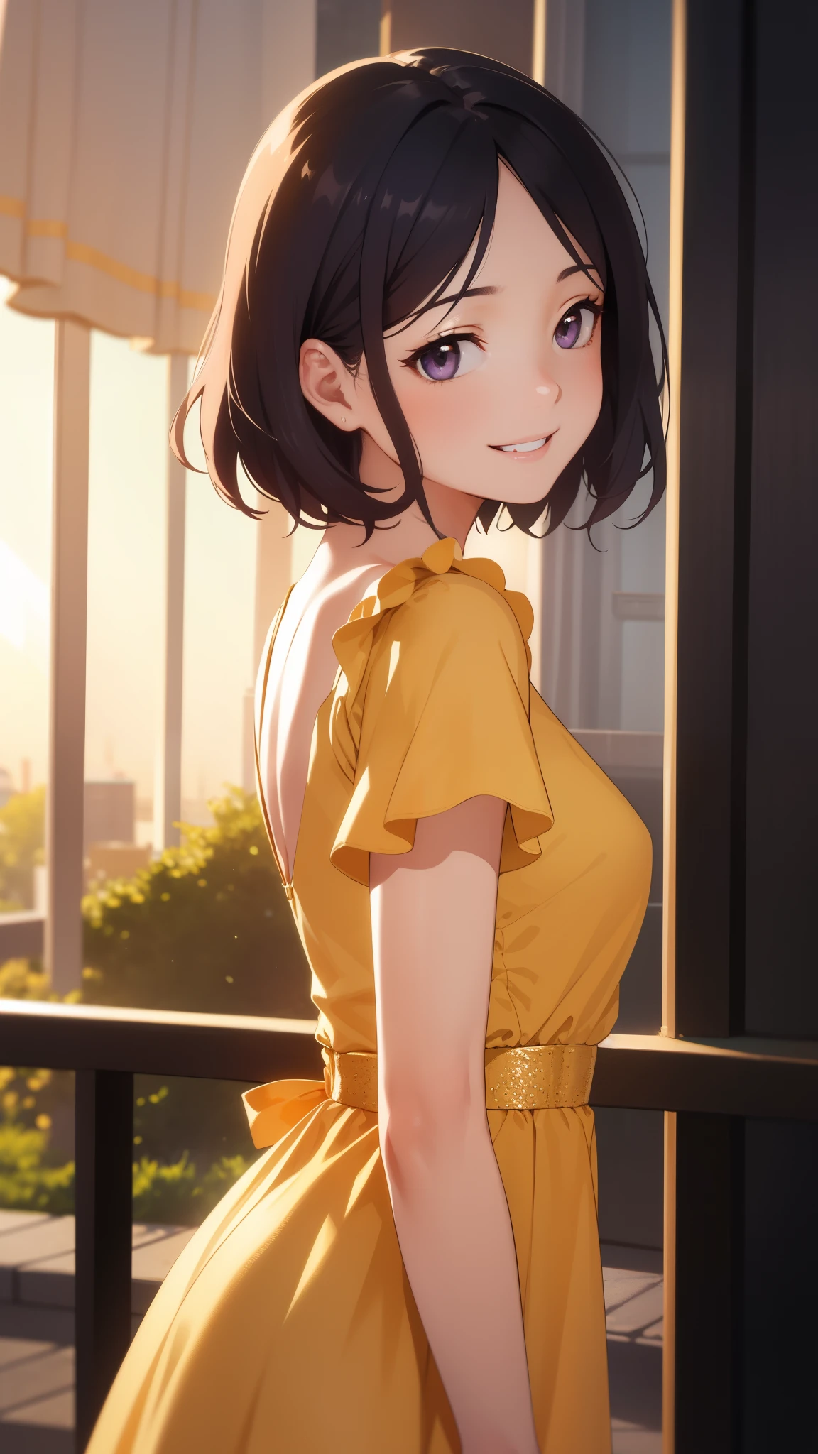 elegant, realistic, Golden hour lighting, midi dress, (idol), (Charming: 1), (purple short hair: 0.8), ((Puffy eyes)), Facing forward, Smiling, Laughing, yellow dress, upper body