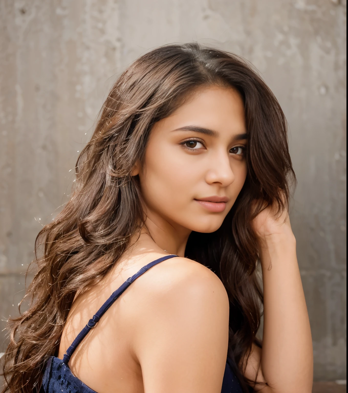 Beautiful ,23 years young Indian girl healthy, confidential looking,8k,realistic, raw photo,dark brown hair,fair skin, indian,long hair,clear facial features,, very detailed, 23years old, innocent face, natural wavy hair, high resolution, masterpiece, best quality, intricate details, highly detailed, sharp focus, detailed skin, realistic skin texture, texture, detailed eyes, professional, 4k, charming smile, shot on Canon, 85mm, shallow depth of field, kodak vision color, perfect fit body, extremely detailed, foto_\(ultra\), photorealistic, realistic, post-processing, maximum detail, roughness, real life, ultra realistic, photorealism, photography, 8k uhd, photography, black hair