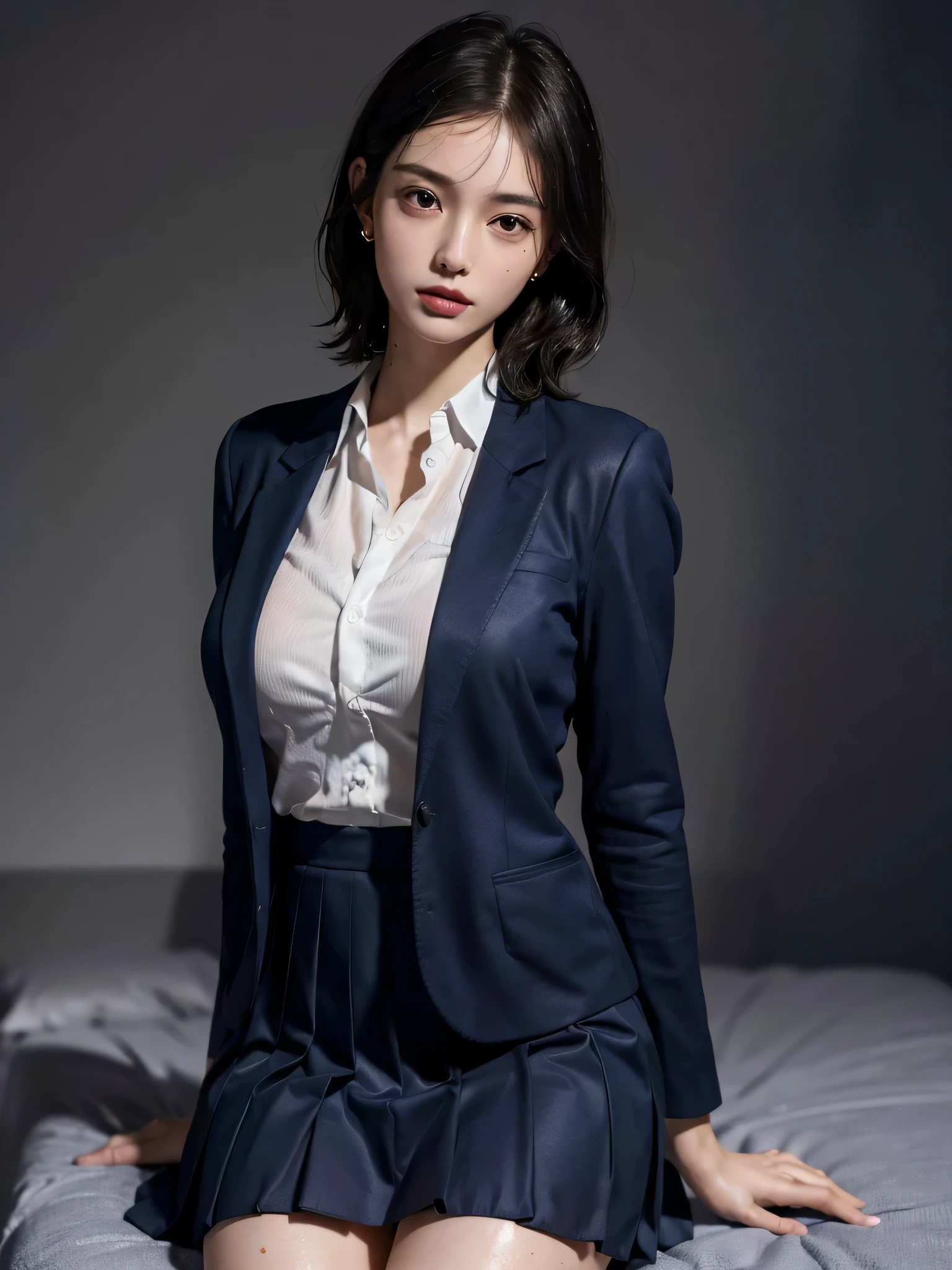 (disorganized, RAW photo, very delicate and beautiful, masterpiece, highest quality, ultra high resolution, 16k, surreal, super detailed, perfect anatomy, super dense skin, perfect figure:1.3), Highly detailed CG 8k wallpaper, 20&#39;s, very slim body, tight waist, very small head, very small face, delicate facial features, tearful mole, earrings, thin legs, (very huge round breasts:1.1), (full body shot:1.1), 1 girl, short hair, wavy hair, Wet, (school uniform:1.3), (blazer:1.1),