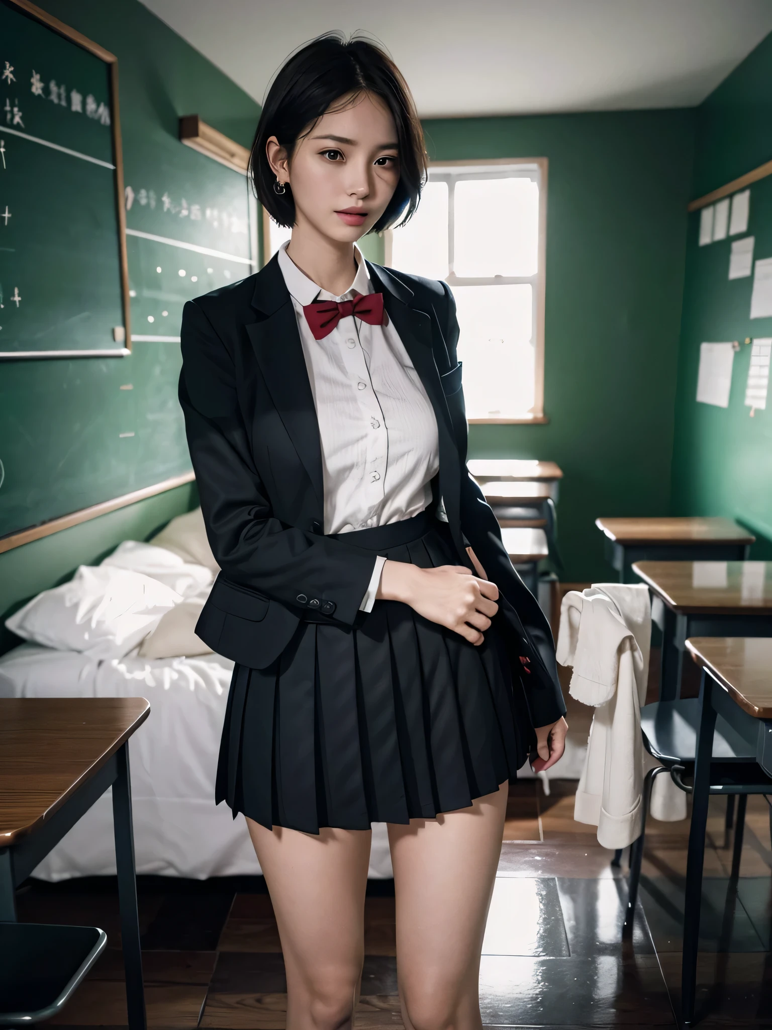 8K RAW Photos, High Resolution, 17 Year Old Cool Korean, Big Round Breasts, School Uniform, Tie, Tie Ribbon, Blazer, Skirt, Beautiful Eyes in Every Detail, Long Eyelashes, Beautiful Double Eyelids, Eye Shadow, Cut Eyes, Sanpaku Eyes, Perfect Eye Makeup, Evil Smile, Beautiful Thin Legs, Bob Cut, , Short Wave Hair, Various Hairstyles, Earrings, School Classroom